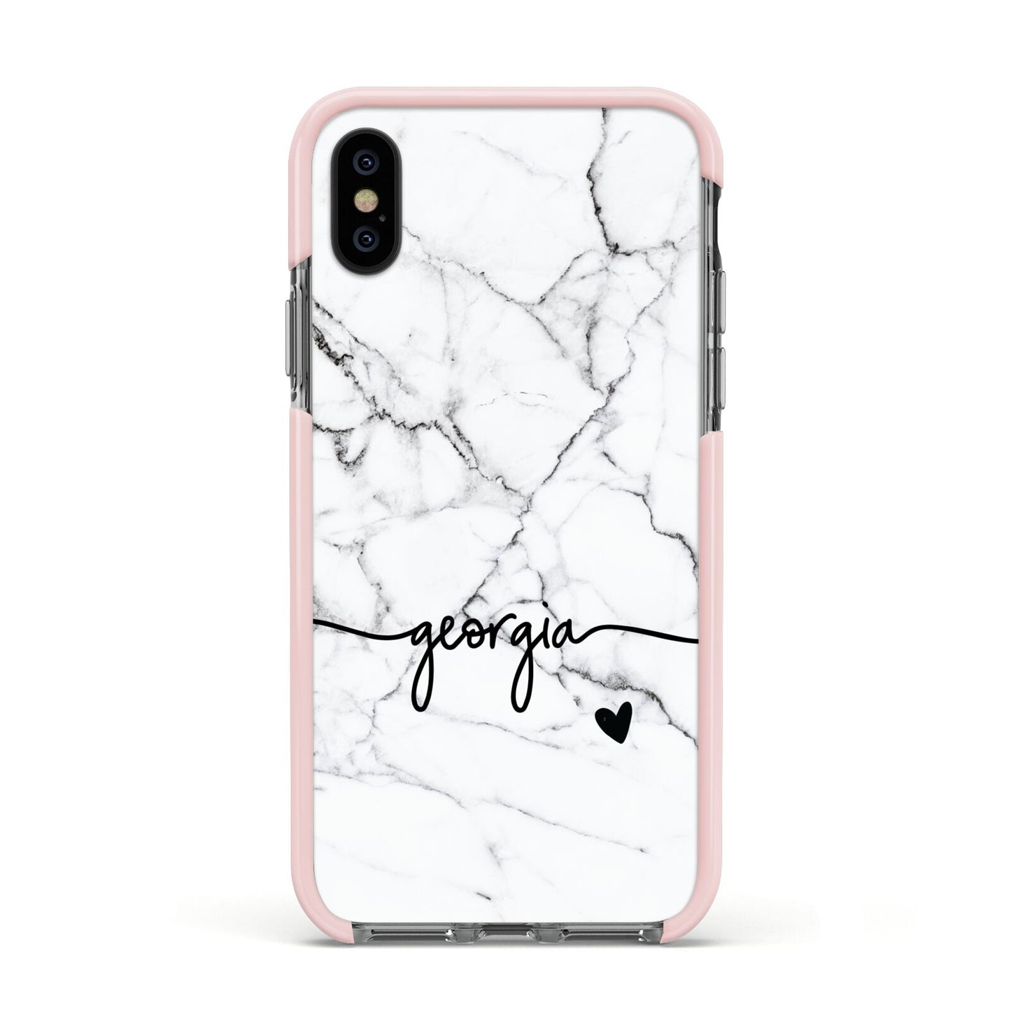 Personalised Black and White Marble with Handwriting Text Apple iPhone Xs Impact Case Pink Edge on Black Phone
