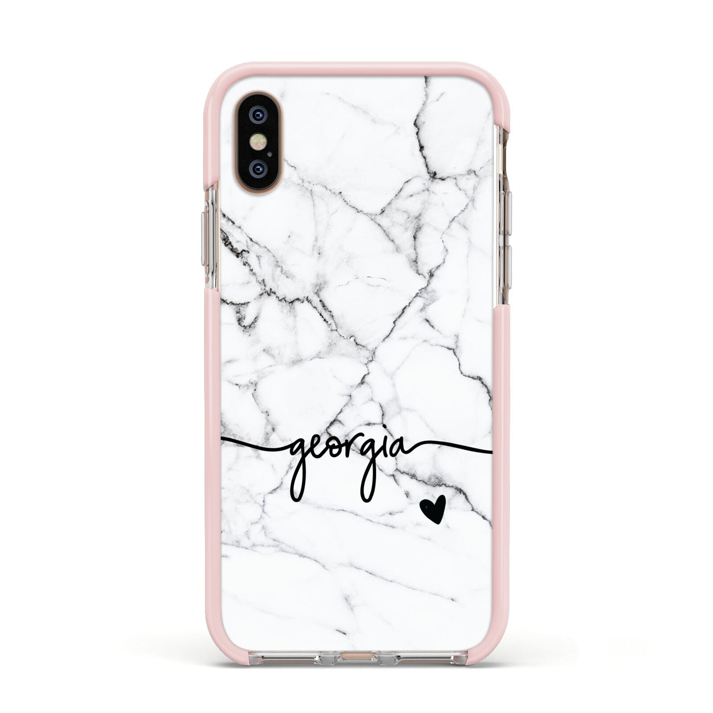 Personalised Black and White Marble with Handwriting Text Apple iPhone Xs Impact Case Pink Edge on Gold Phone