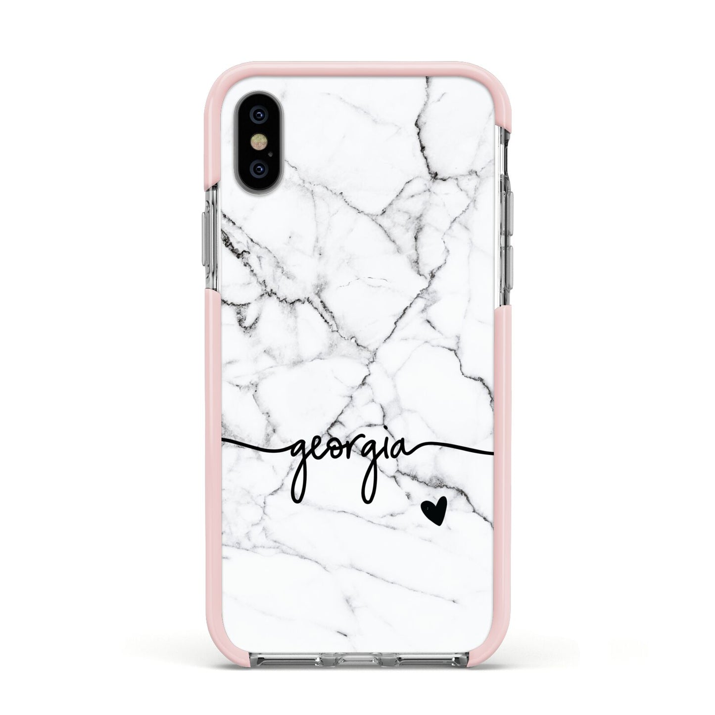 Personalised Black and White Marble with Handwriting Text Apple iPhone Xs Impact Case Pink Edge on Silver Phone