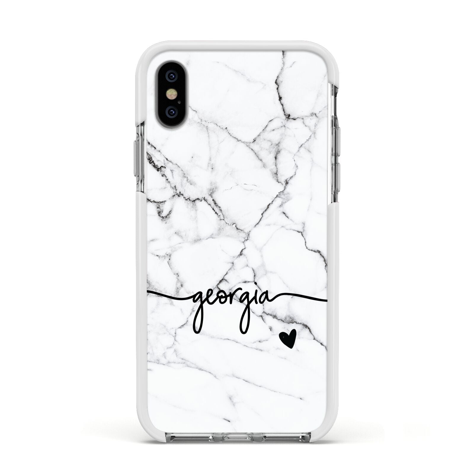 Personalised Black and White Marble with Handwriting Text Apple iPhone Xs Impact Case White Edge on Silver Phone