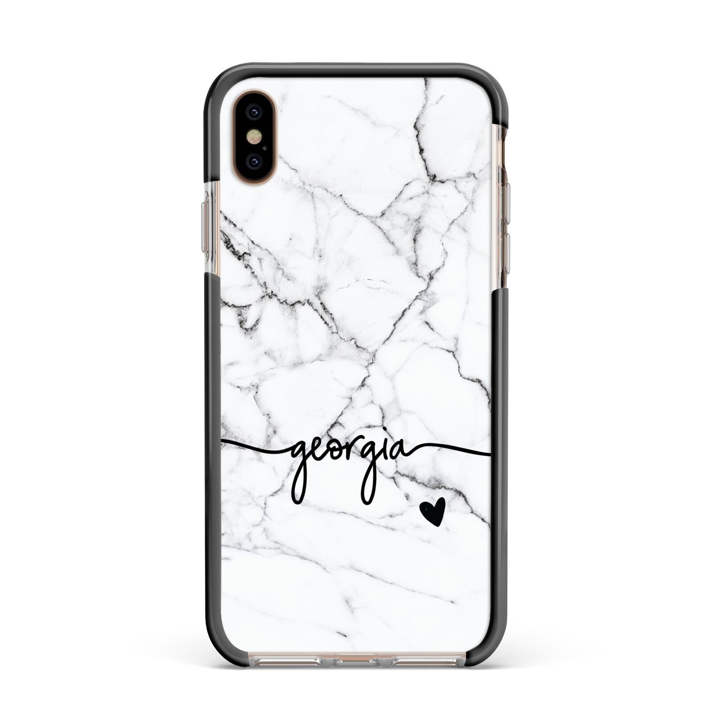 Personalised Black and White Marble with Handwriting Text Apple iPhone Xs Max Impact Case Black Edge on Gold Phone