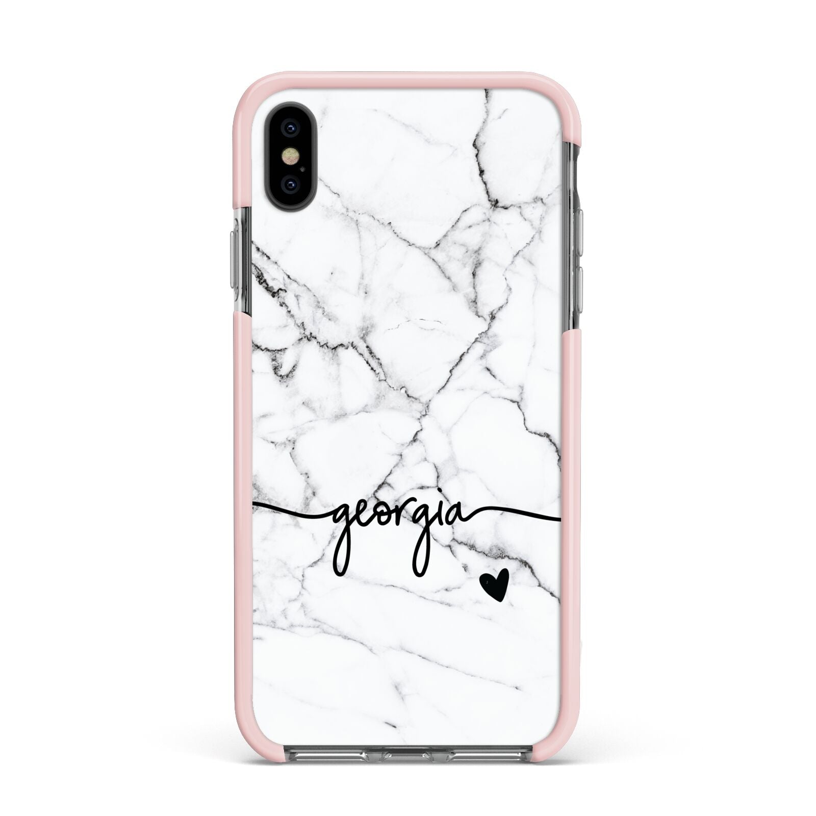 Personalised Black and White Marble with Handwriting Text Apple iPhone Xs Max Impact Case Pink Edge on Black Phone