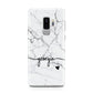 Personalised Black and White Marble with Handwriting Text Samsung Galaxy S9 Plus Case on Silver phone