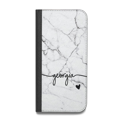 Personalised Black and White Marble with Handwriting Text Vegan Leather Flip Samsung Case