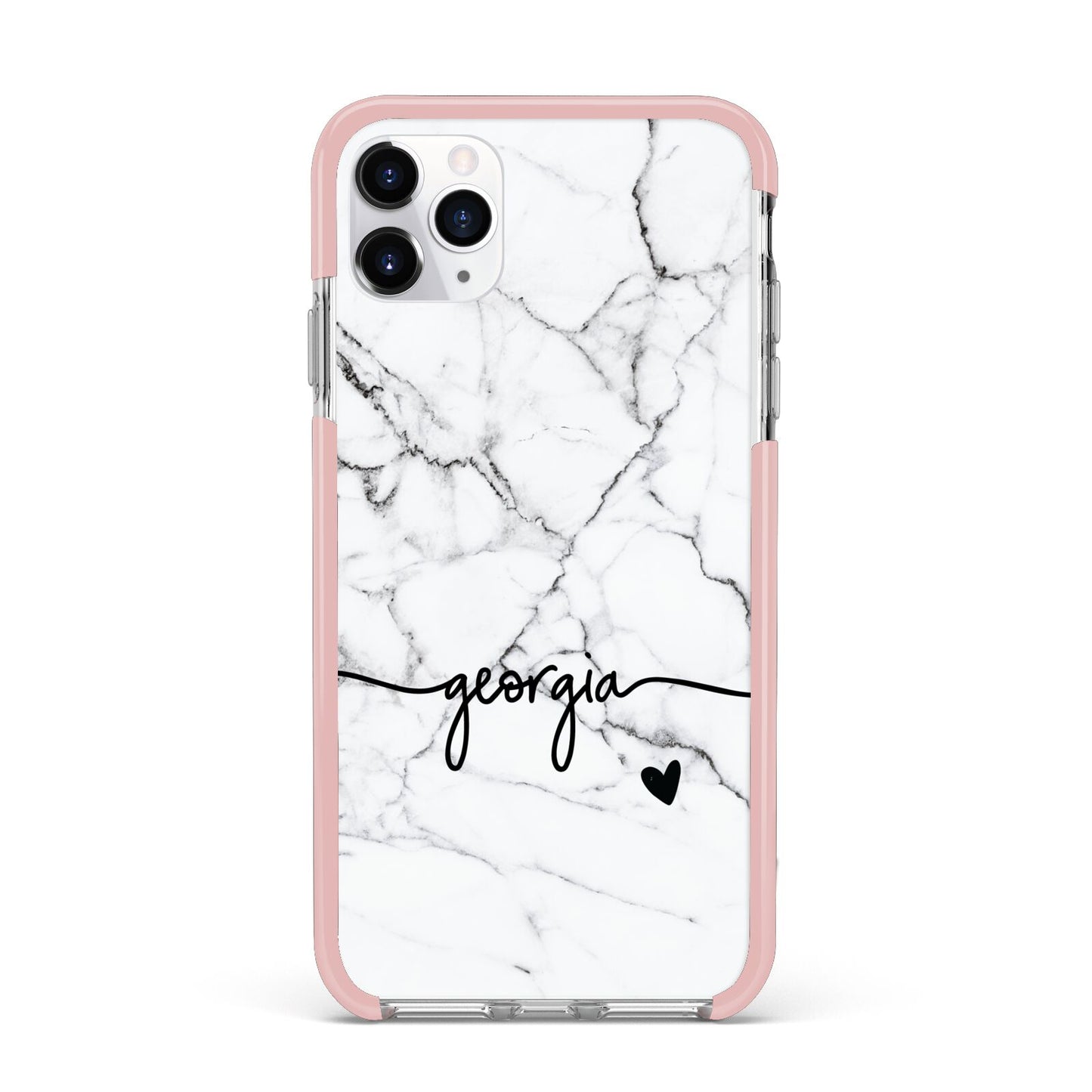 Personalised Black and White Marble with Handwriting Text iPhone 11 Pro Max Impact Pink Edge Case
