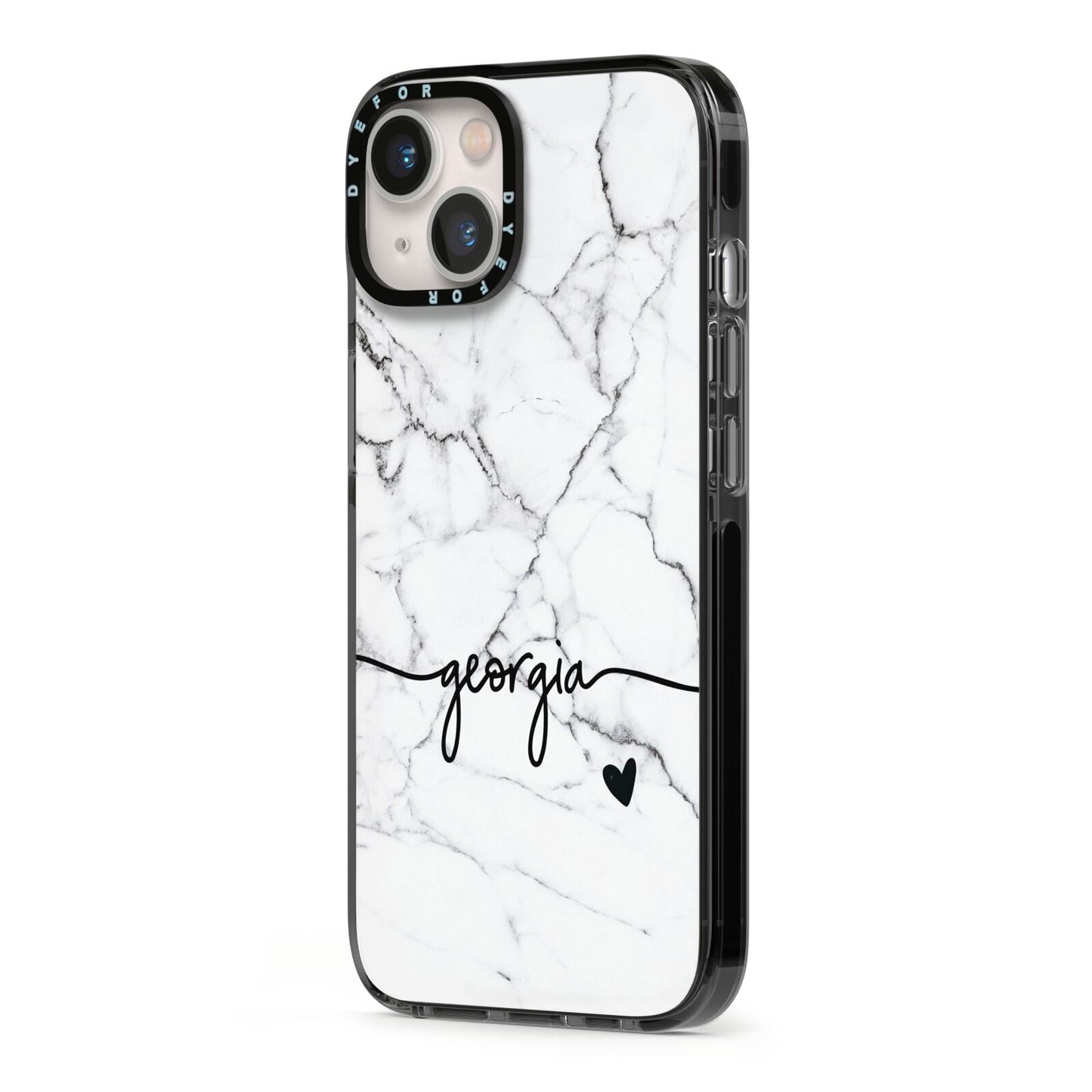 Personalised Black and White Marble with Handwriting Text iPhone 13 Black Impact Case Side Angle on Silver phone