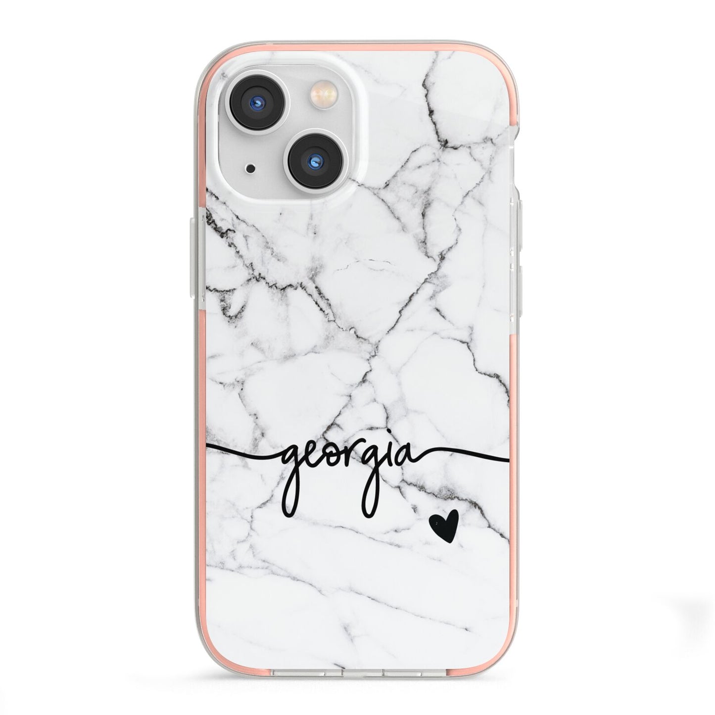Personalised Black and White Marble with Handwriting Text iPhone 13 Mini TPU Impact Case with Pink Edges