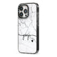 Personalised Black and White Marble with Handwriting Text iPhone 13 Pro Black Impact Case Side Angle on Silver phone