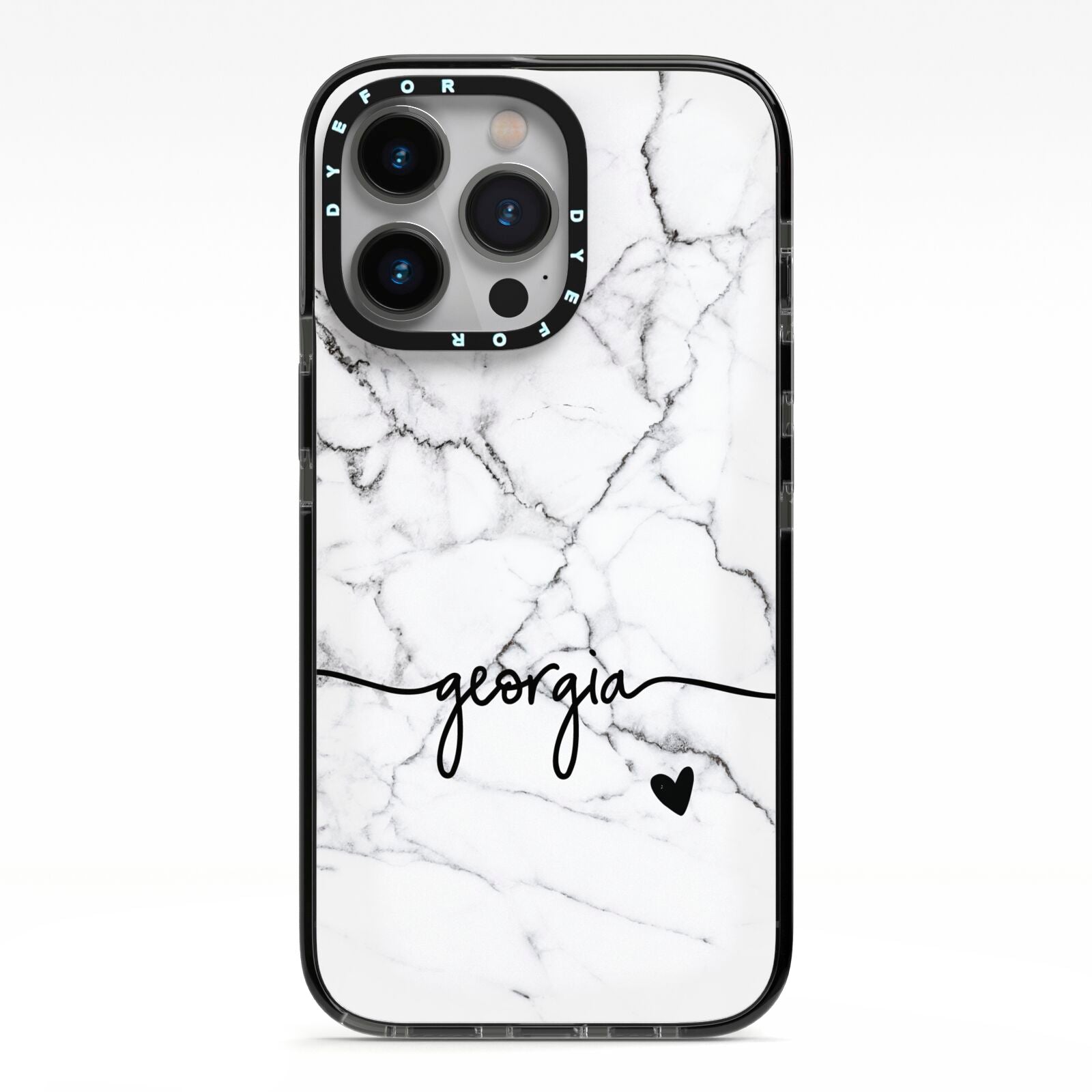 Personalised Black and White Marble with Handwriting Text iPhone 13 Pro Black Impact Case on Silver phone