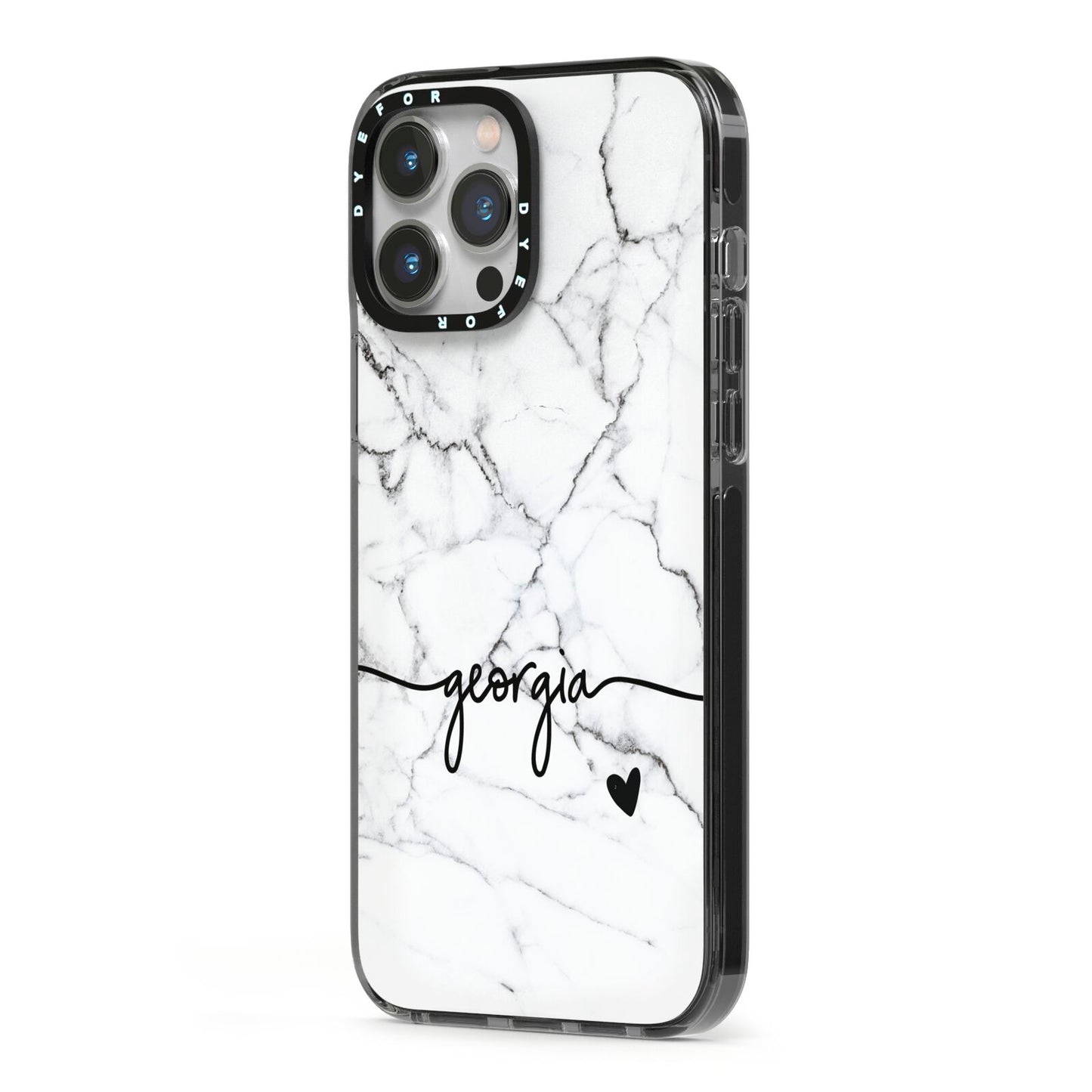 Personalised Black and White Marble with Handwriting Text iPhone 13 Pro Max Black Impact Case Side Angle on Silver phone