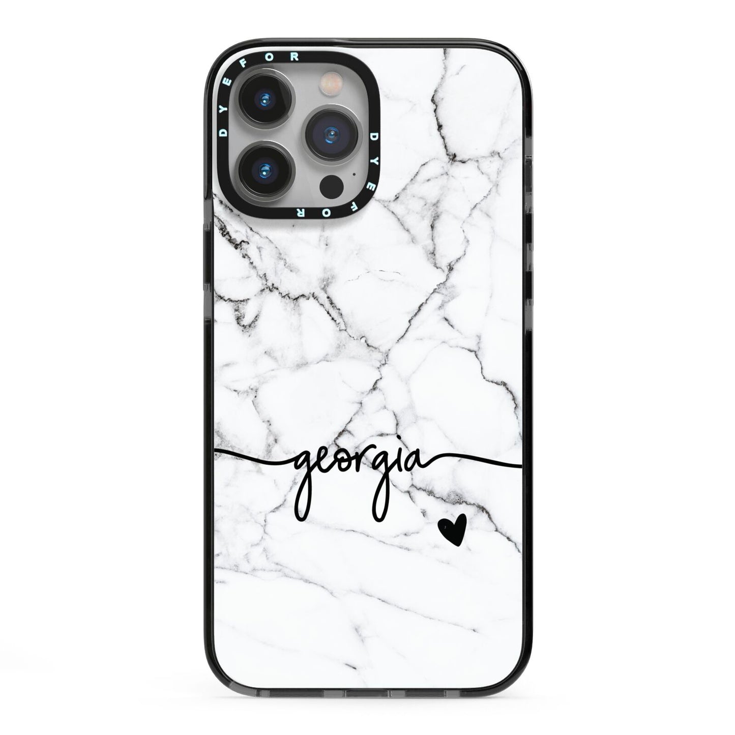 Personalised Black and White Marble with Handwriting Text iPhone 13 Pro Max Black Impact Case on Silver phone