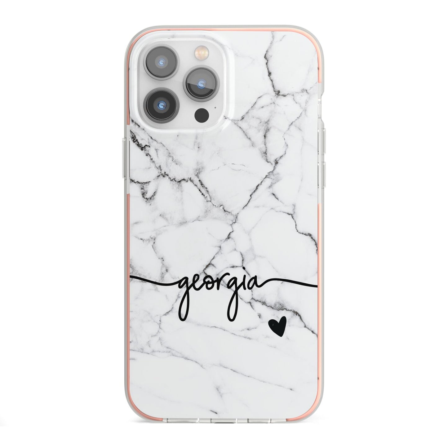 Personalised Black and White Marble with Handwriting Text iPhone 13 Pro Max TPU Impact Case with Pink Edges