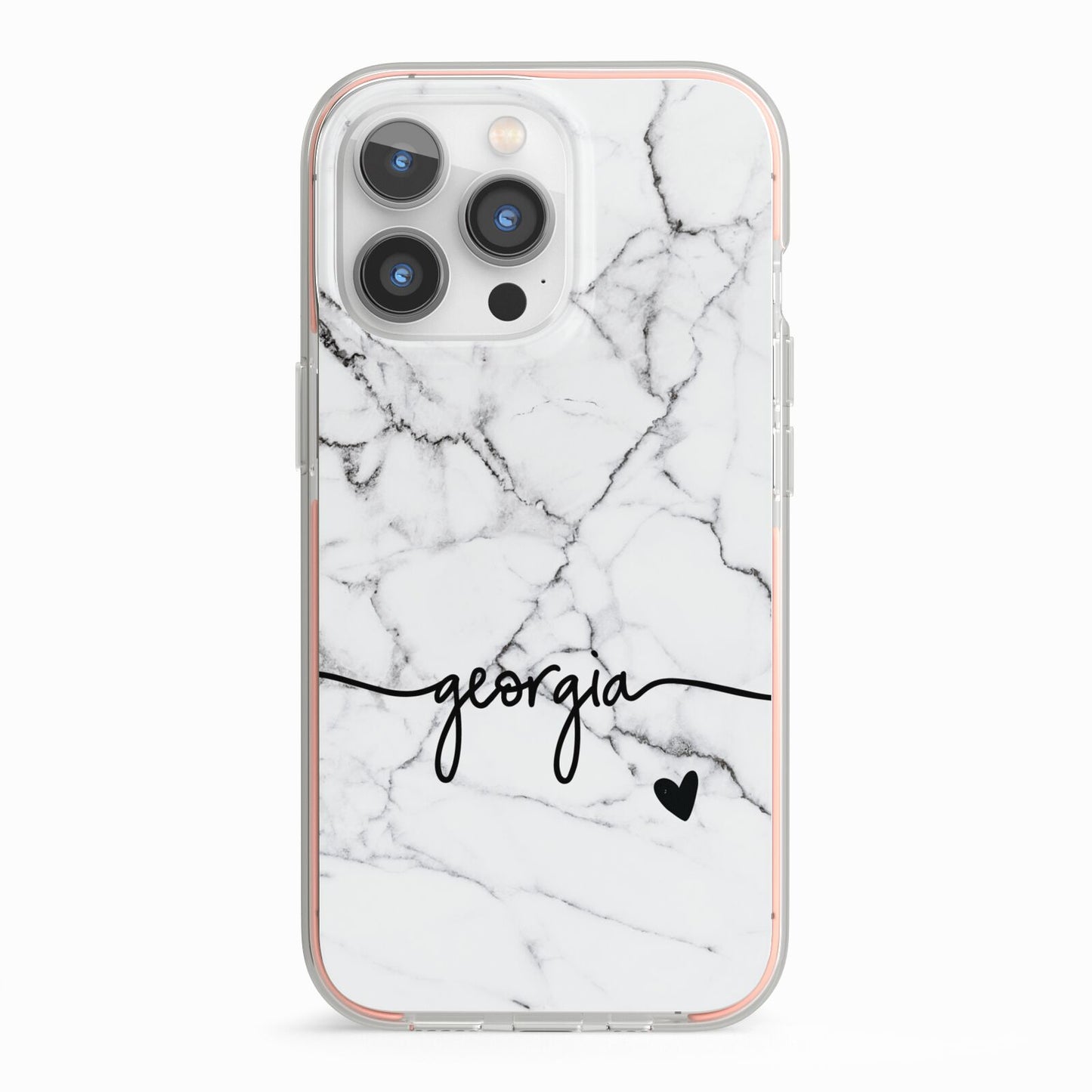 Personalised Black and White Marble with Handwriting Text iPhone 13 Pro TPU Impact Case with Pink Edges
