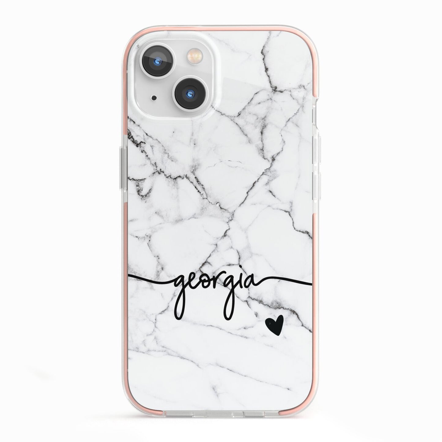 Personalised Black and White Marble with Handwriting Text iPhone 13 TPU Impact Case with Pink Edges