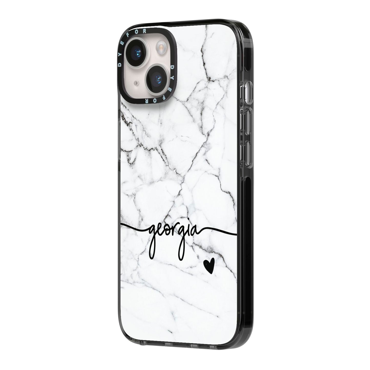 Personalised Black and White Marble with Handwriting Text iPhone 14 Black Impact Case Side Angle on Silver phone