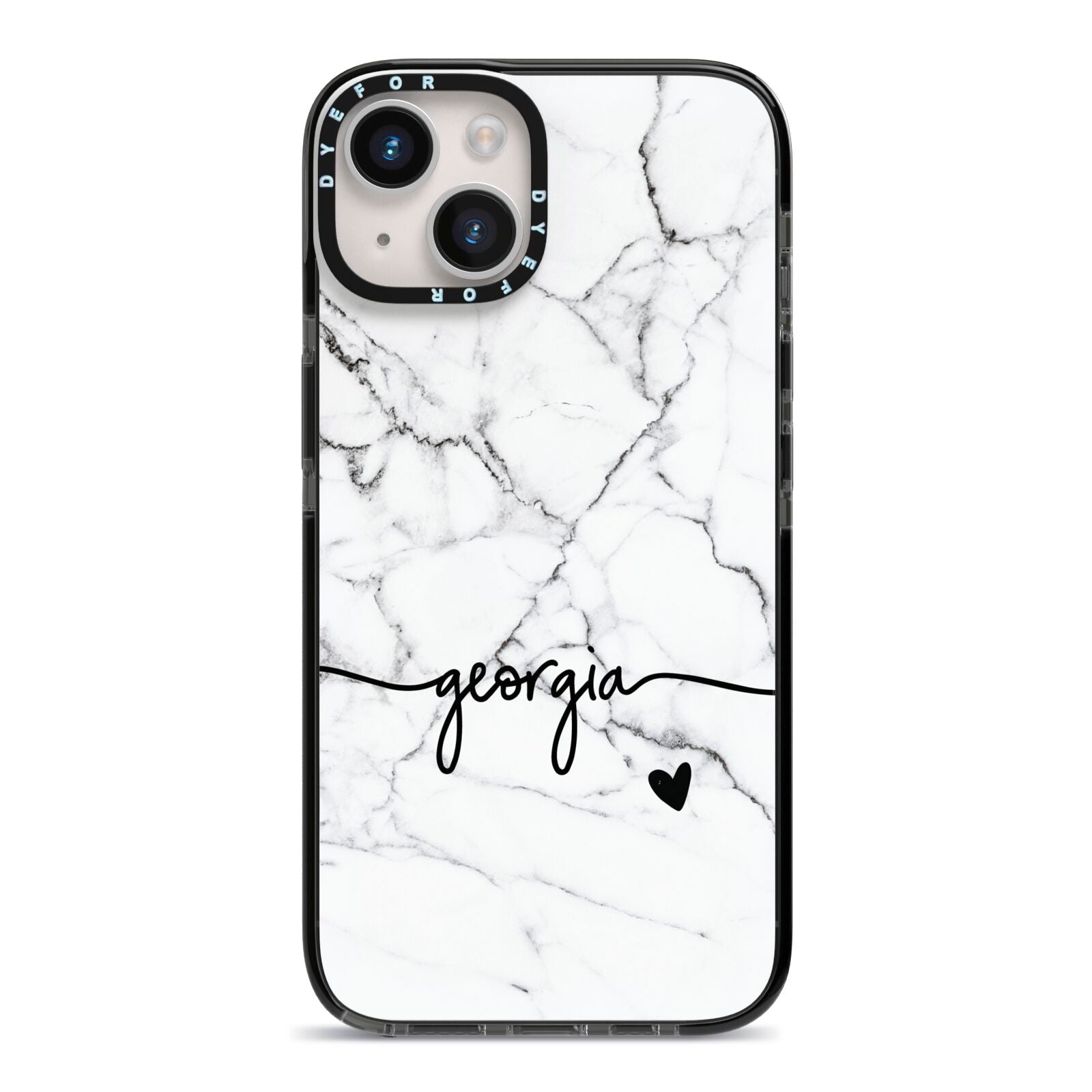 Personalised Black and White Marble with Handwriting Text iPhone 14 Black Impact Case on Silver phone