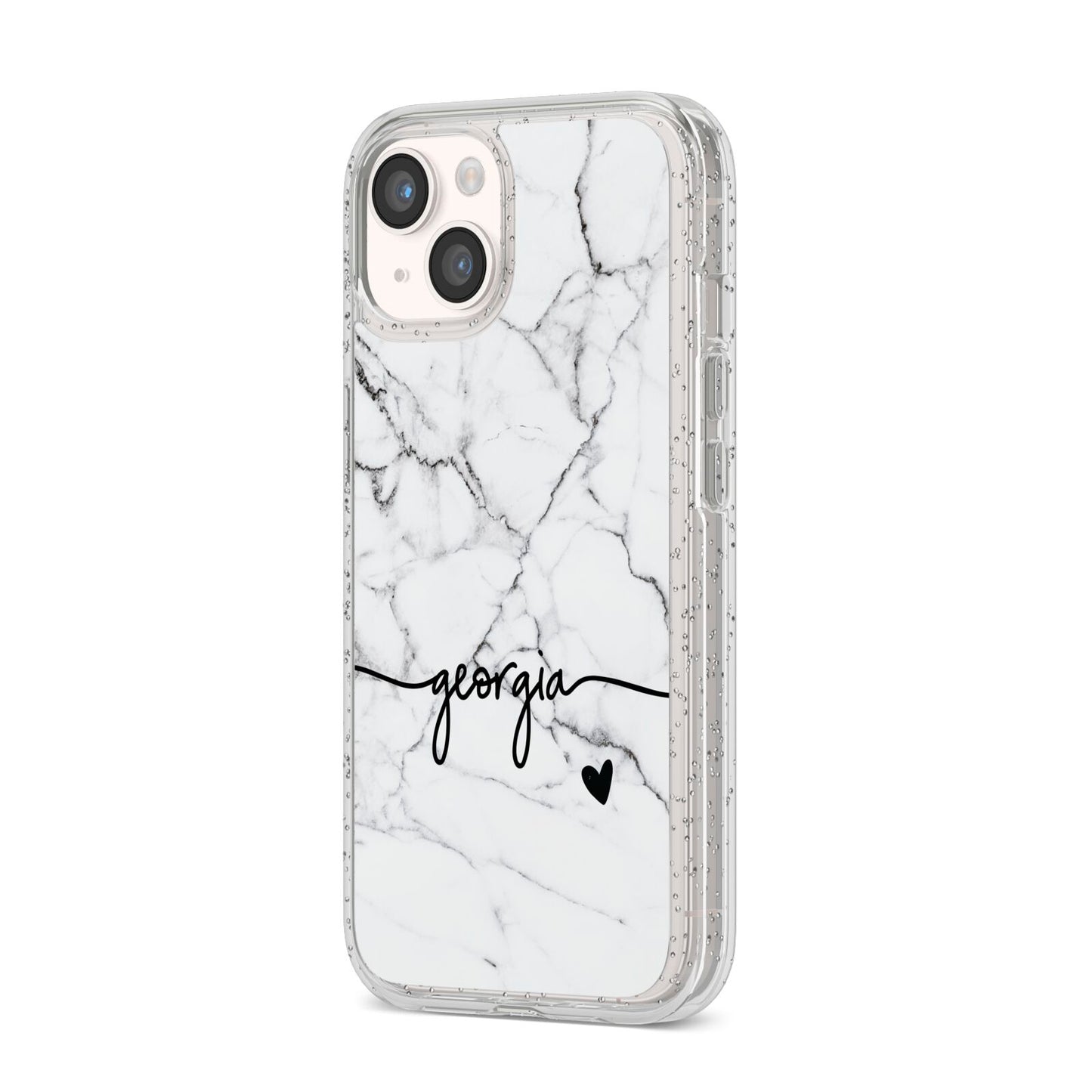 Personalised Black and White Marble with Handwriting Text iPhone 14 Glitter Tough Case Starlight Angled Image