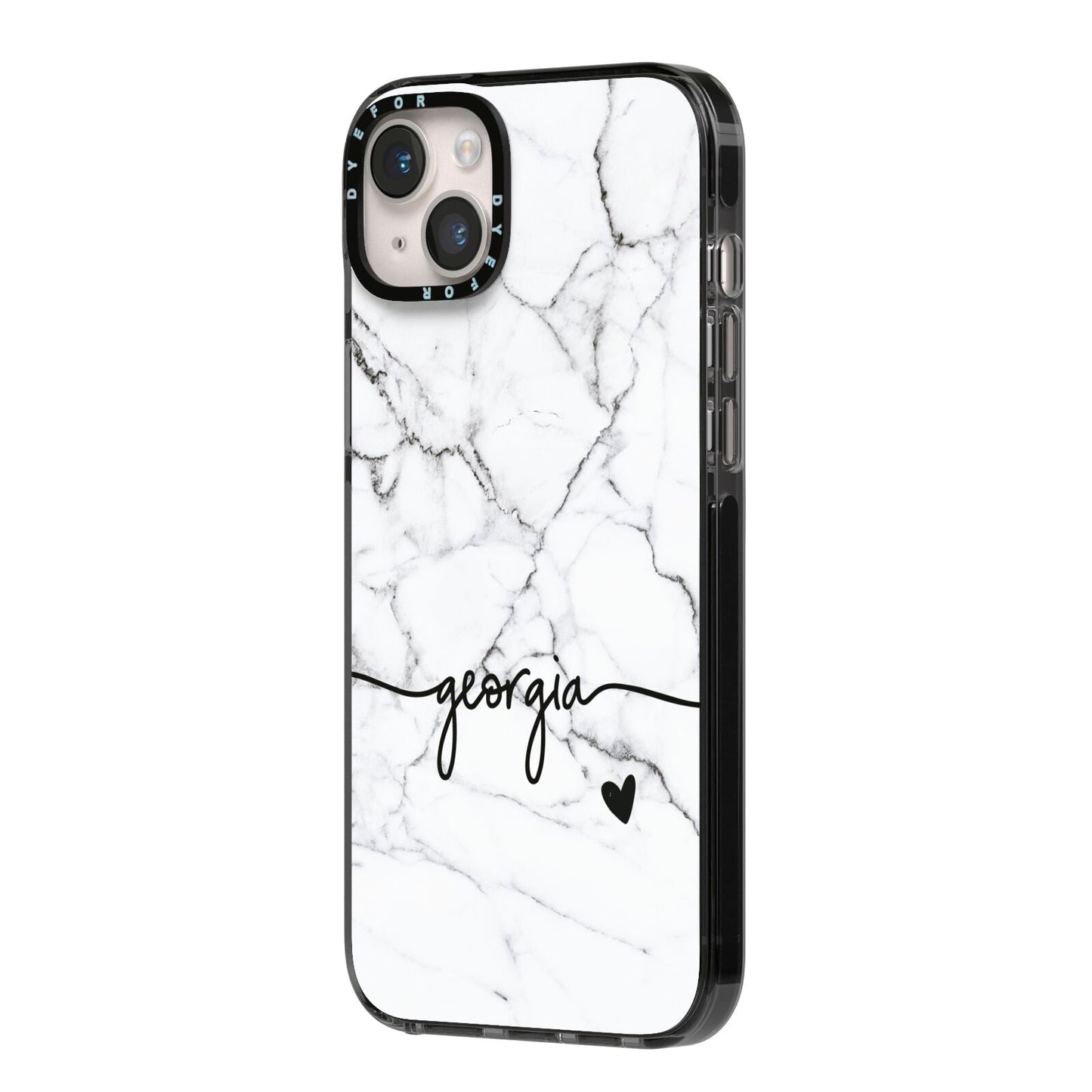 Personalised Black and White Marble with Handwriting Text iPhone 14 Plus Black Impact Case Side Angle on Silver phone