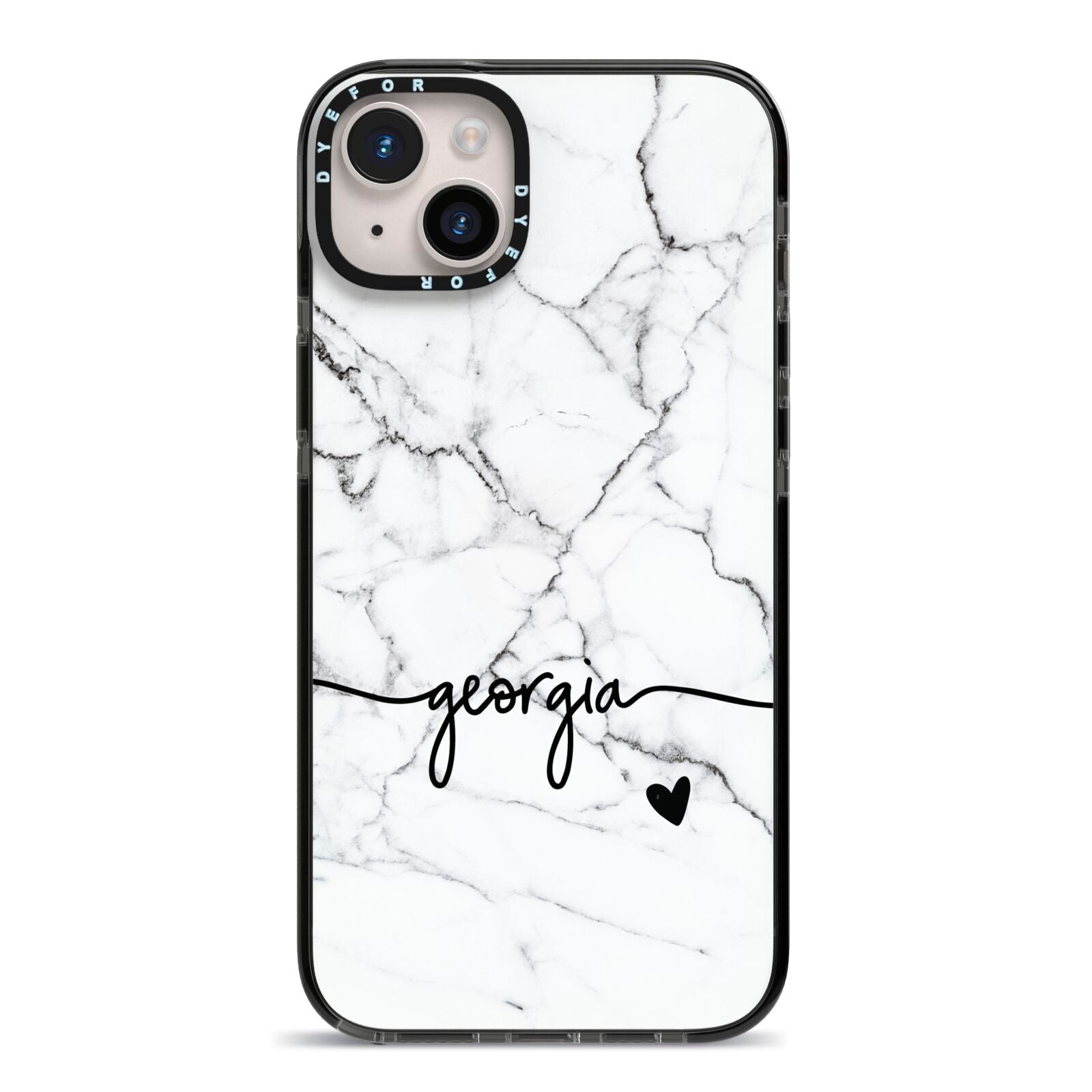 Personalised Black and White Marble with Handwriting Text iPhone 14 Plus Black Impact Case on Silver phone