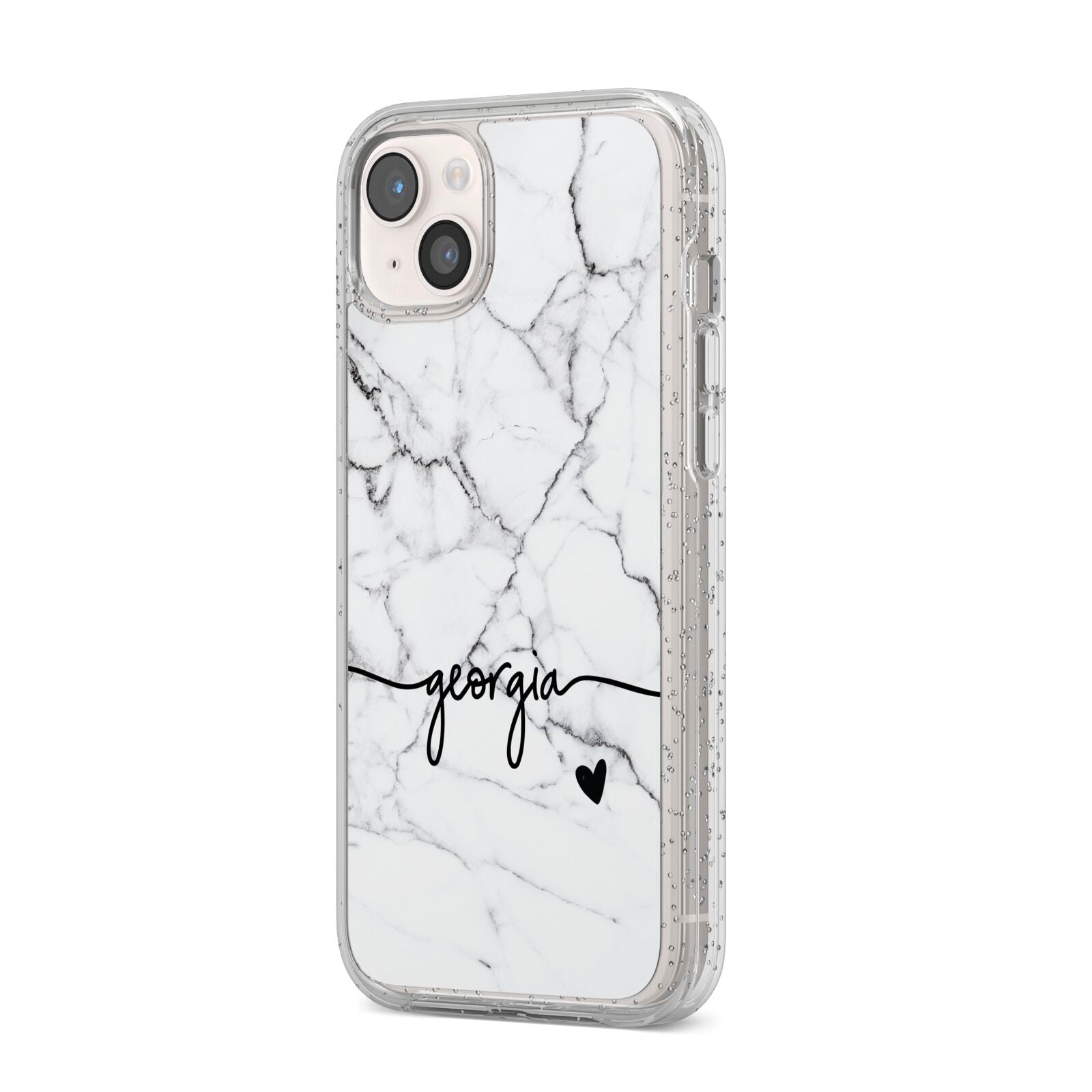 Personalised Black and White Marble with Handwriting Text iPhone 14 Plus Glitter Tough Case Starlight Angled Image