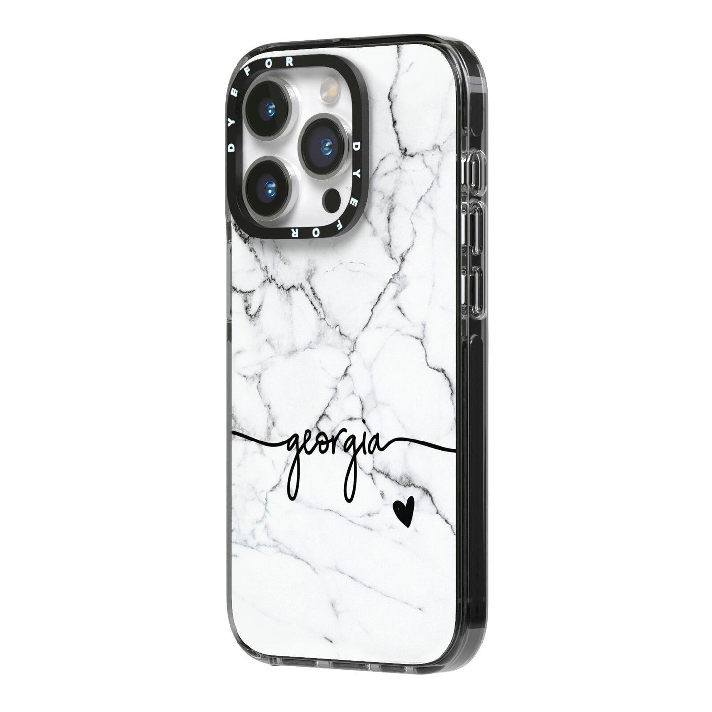 Personalised Black and White Marble with Handwriting Text iPhone 14 Pro Black Impact Case Side Angle on Silver phone