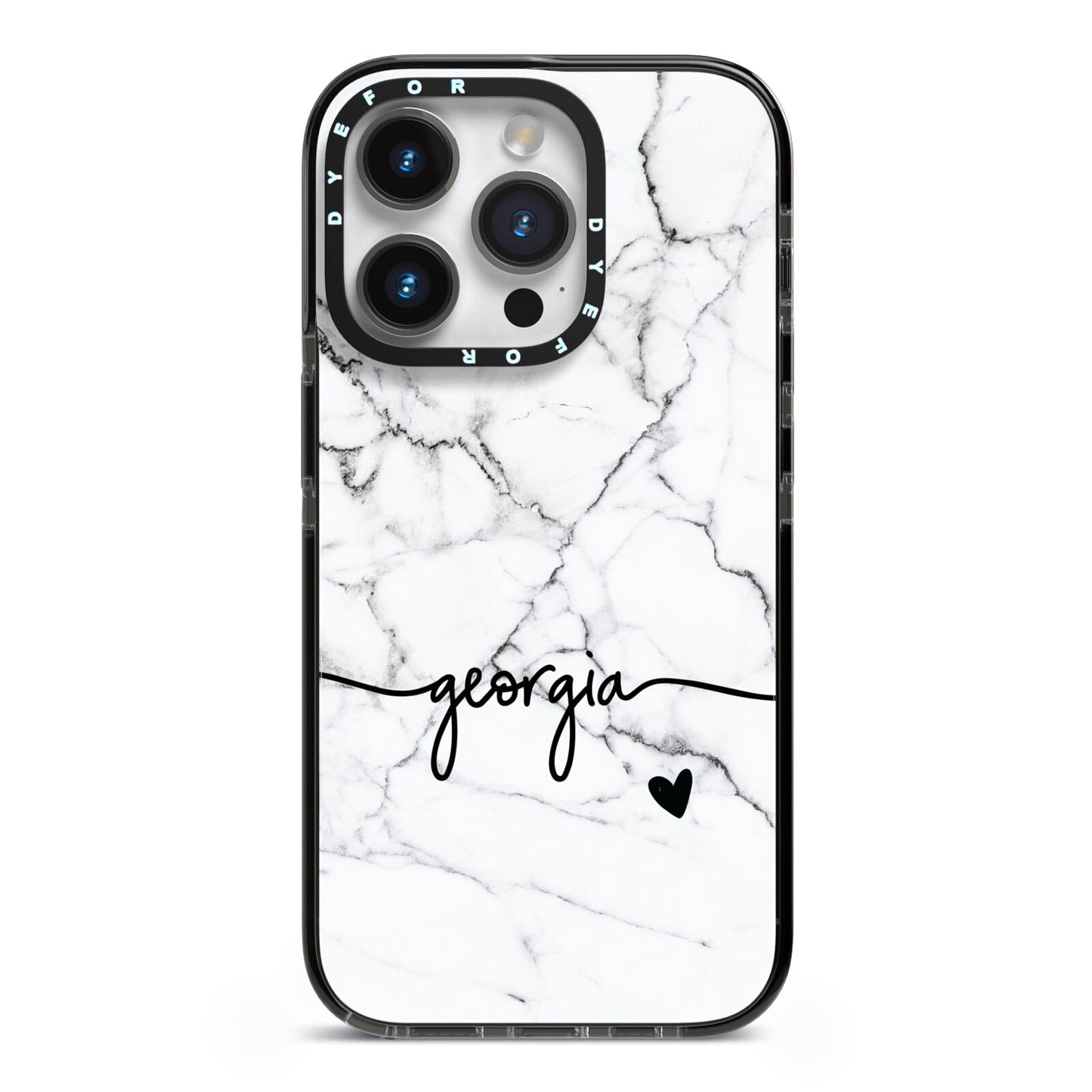 Personalised Black and White Marble with Handwriting Text iPhone 14 Pro Black Impact Case on Silver phone