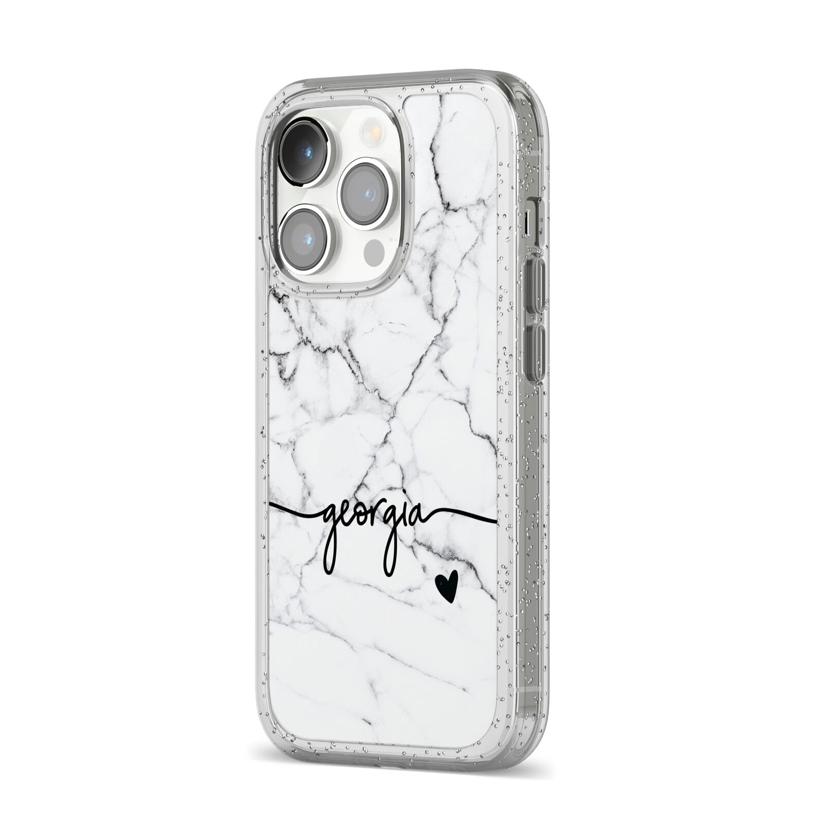 Personalised Black and White Marble with Handwriting Text iPhone 14 Pro Glitter Tough Case Silver Angled Image