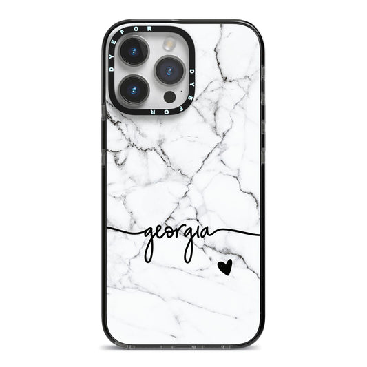 Personalised Black and White Marble with Handwriting Text iPhone 14 Pro Max Black Impact Case on Silver phone