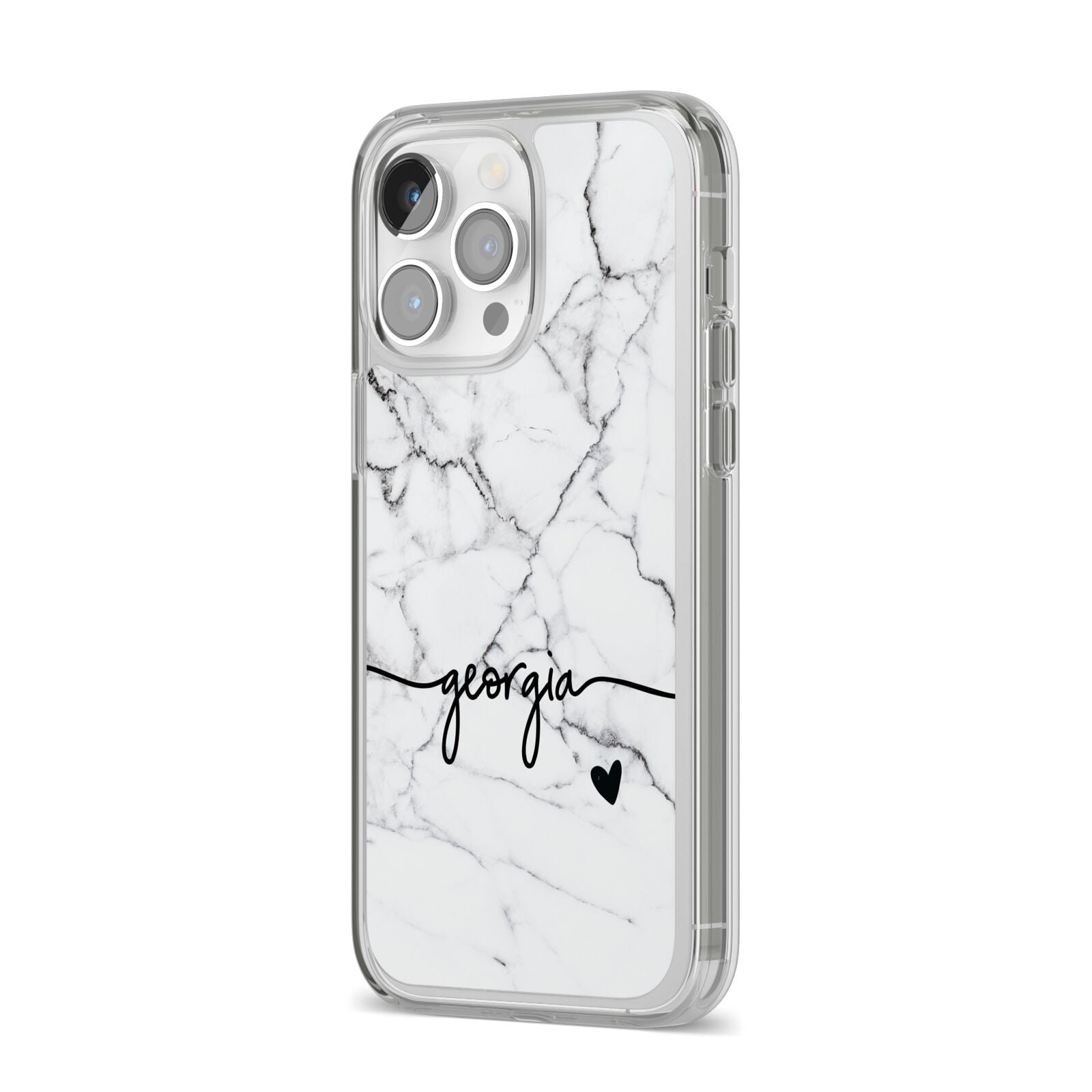Personalised Black and White Marble with Handwriting Text iPhone 14 Pro Max Clear Tough Case Silver Angled Image