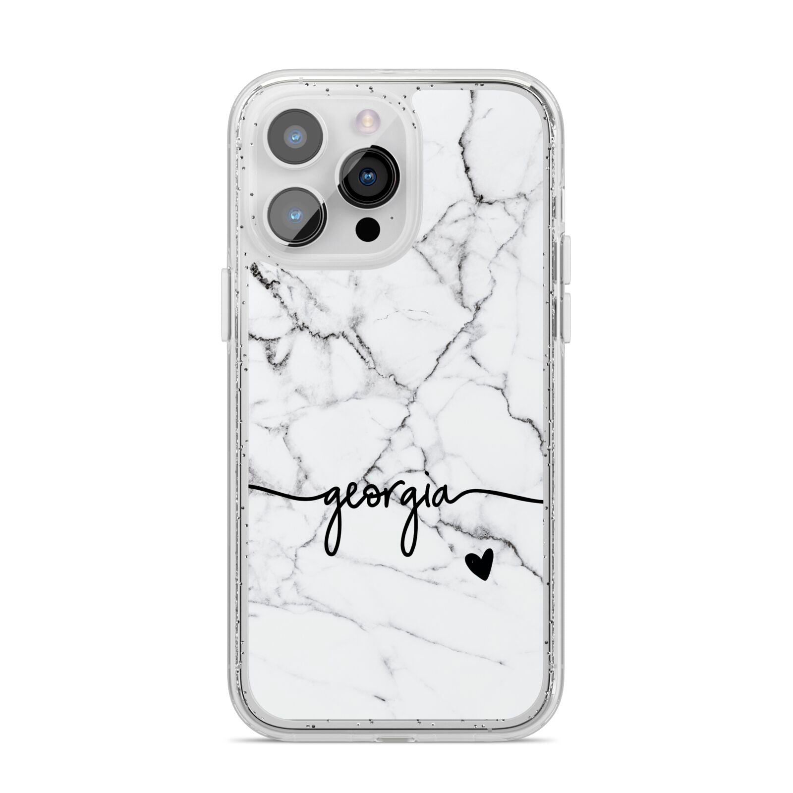 Personalised Black and White Marble with Handwriting Text iPhone 14 Pro Max Glitter Tough Case Silver