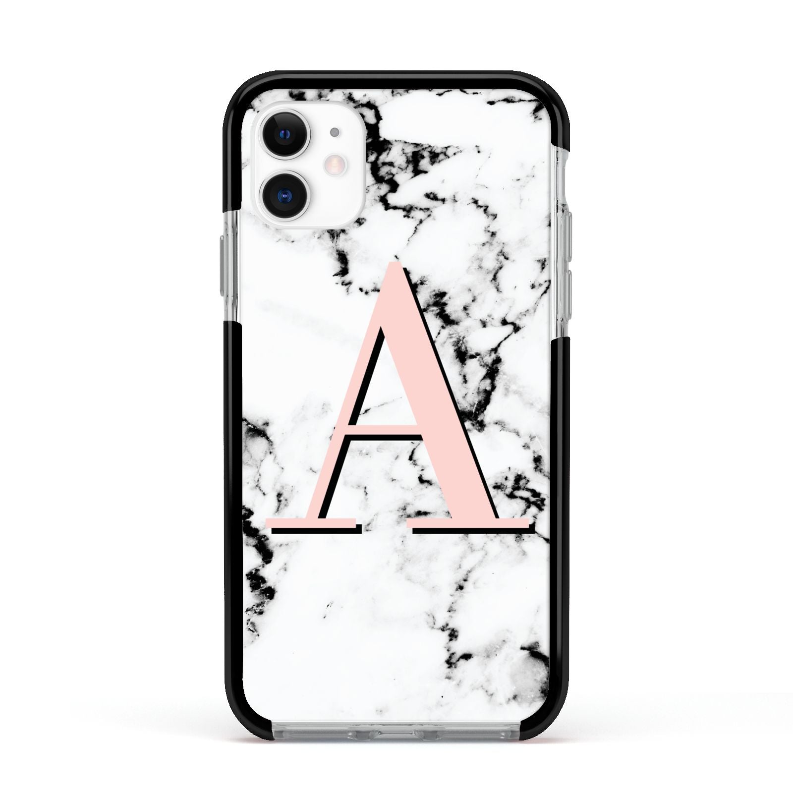 Personalised Block Coral Monogram Marble Apple iPhone 11 in White with Black Impact Case