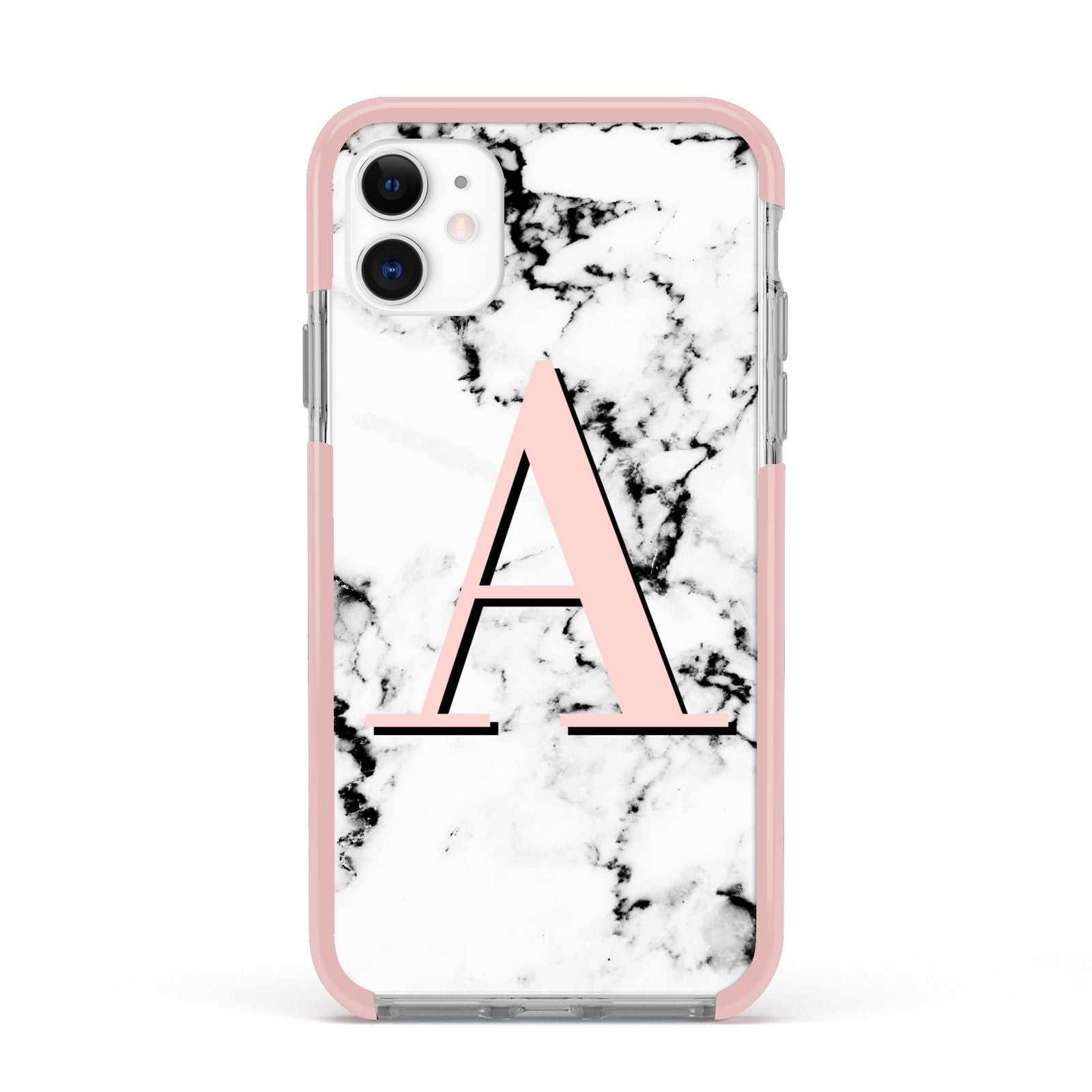 Personalised Block Coral Monogram Marble Apple iPhone 11 in White with Pink Impact Case