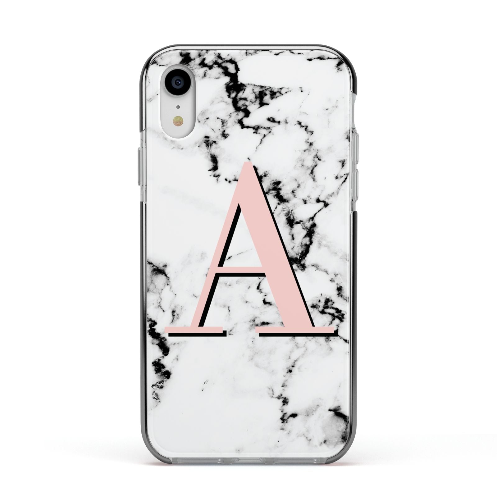 Personalised Block Coral Monogram Marble Apple iPhone XR Impact Case Black Edge on Silver Phone
