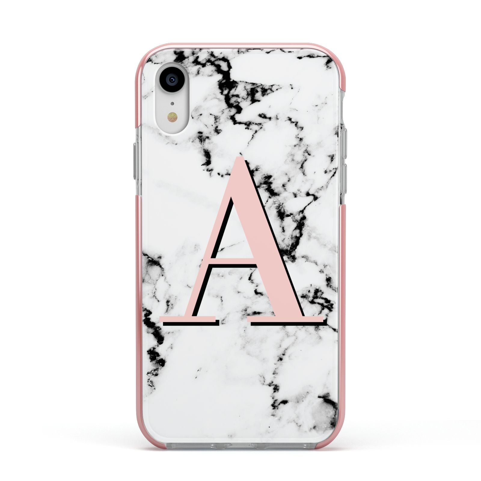 Personalised Block Coral Monogram Marble Apple iPhone XR Impact Case Pink Edge on Silver Phone