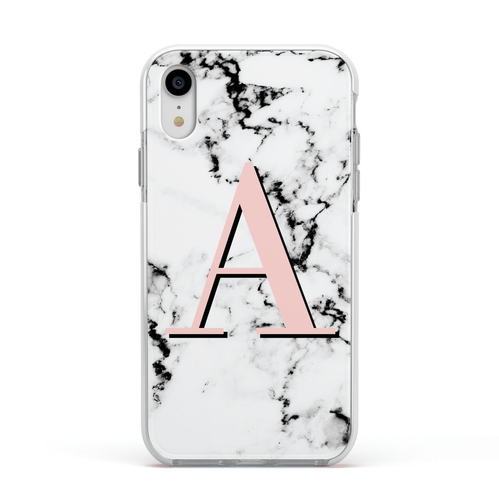 Personalised Block Coral Monogram Marble Apple iPhone XR Impact Case White Edge on Silver Phone