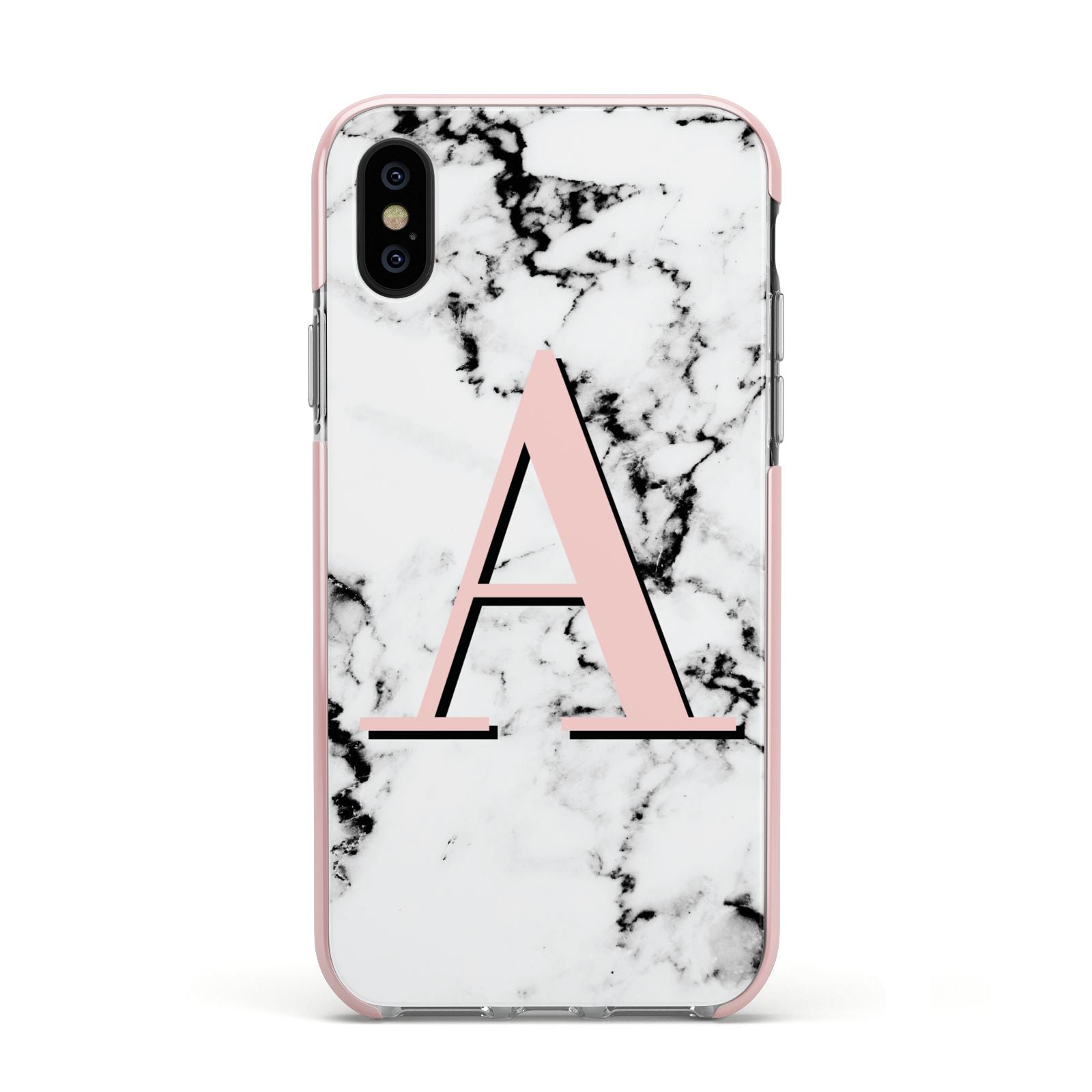 Personalised Block Coral Monogram Marble Apple iPhone Xs Impact Case Pink Edge on Black Phone