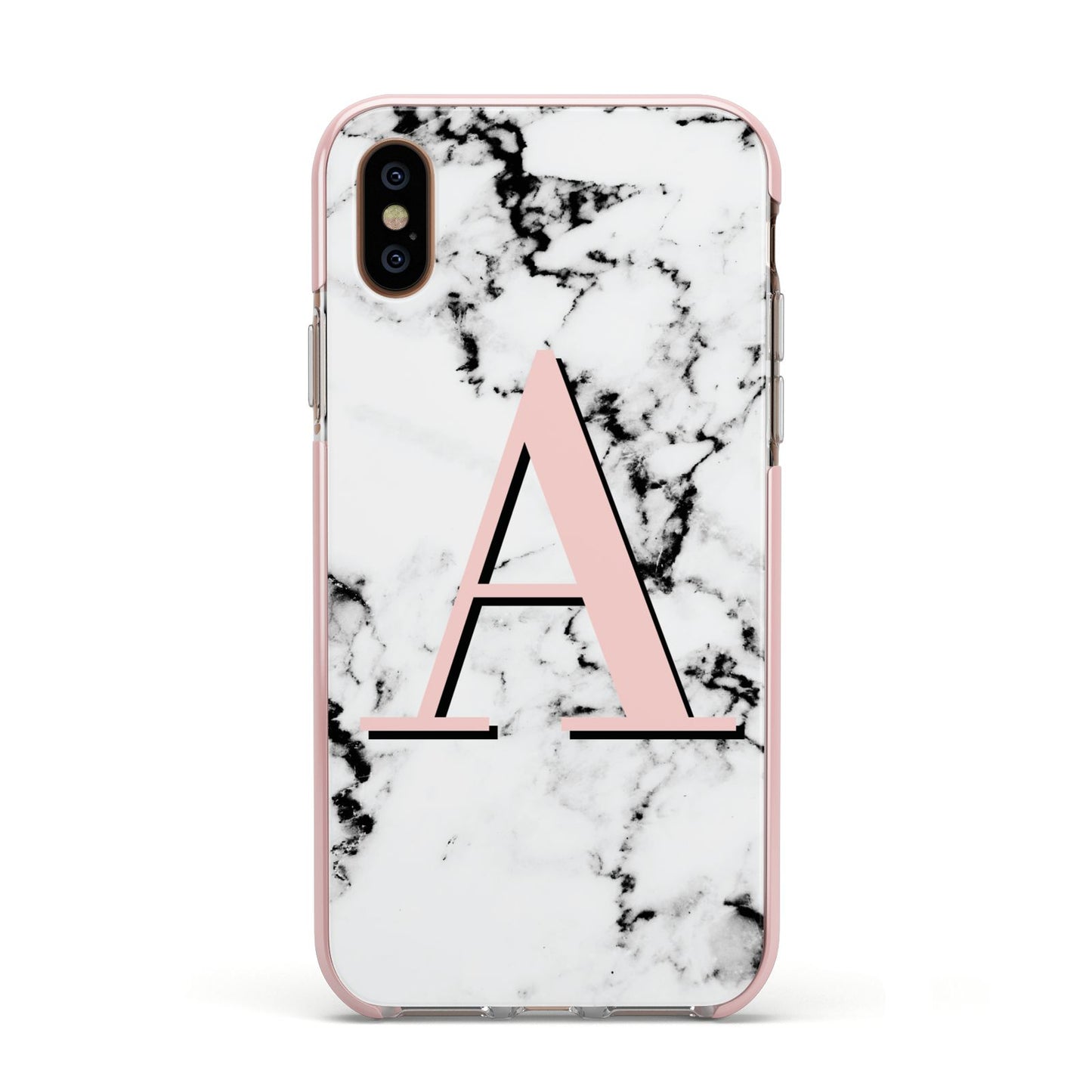 Personalised Block Coral Monogram Marble Apple iPhone Xs Impact Case Pink Edge on Gold Phone