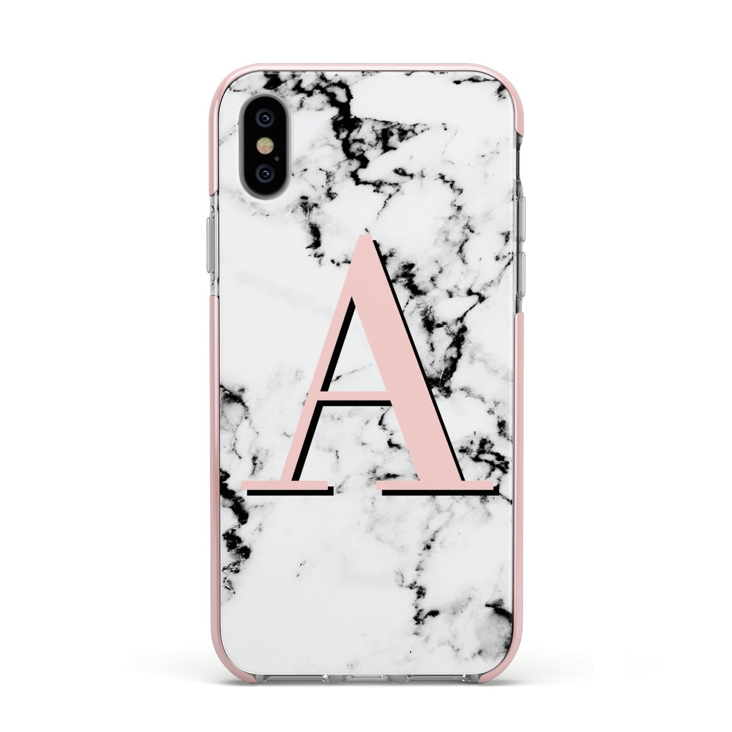 Personalised Block Coral Monogram Marble Apple iPhone Xs Impact Case Pink Edge on Silver Phone