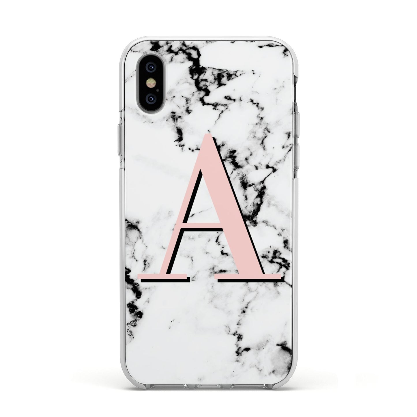 Personalised Block Coral Monogram Marble Apple iPhone Xs Impact Case White Edge on Silver Phone