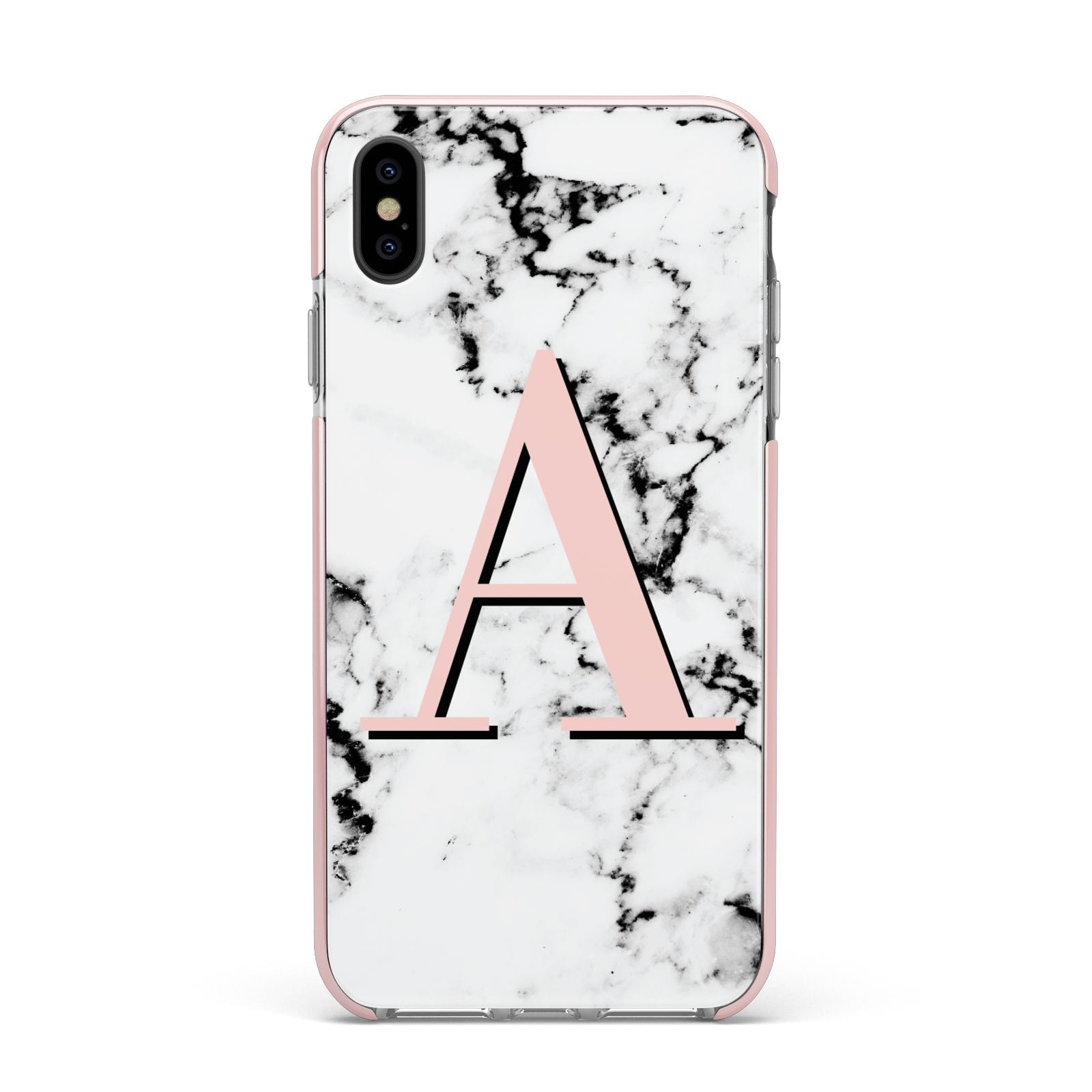 Personalised Block Coral Monogram Marble Apple iPhone Xs Max Impact Case Pink Edge on Black Phone