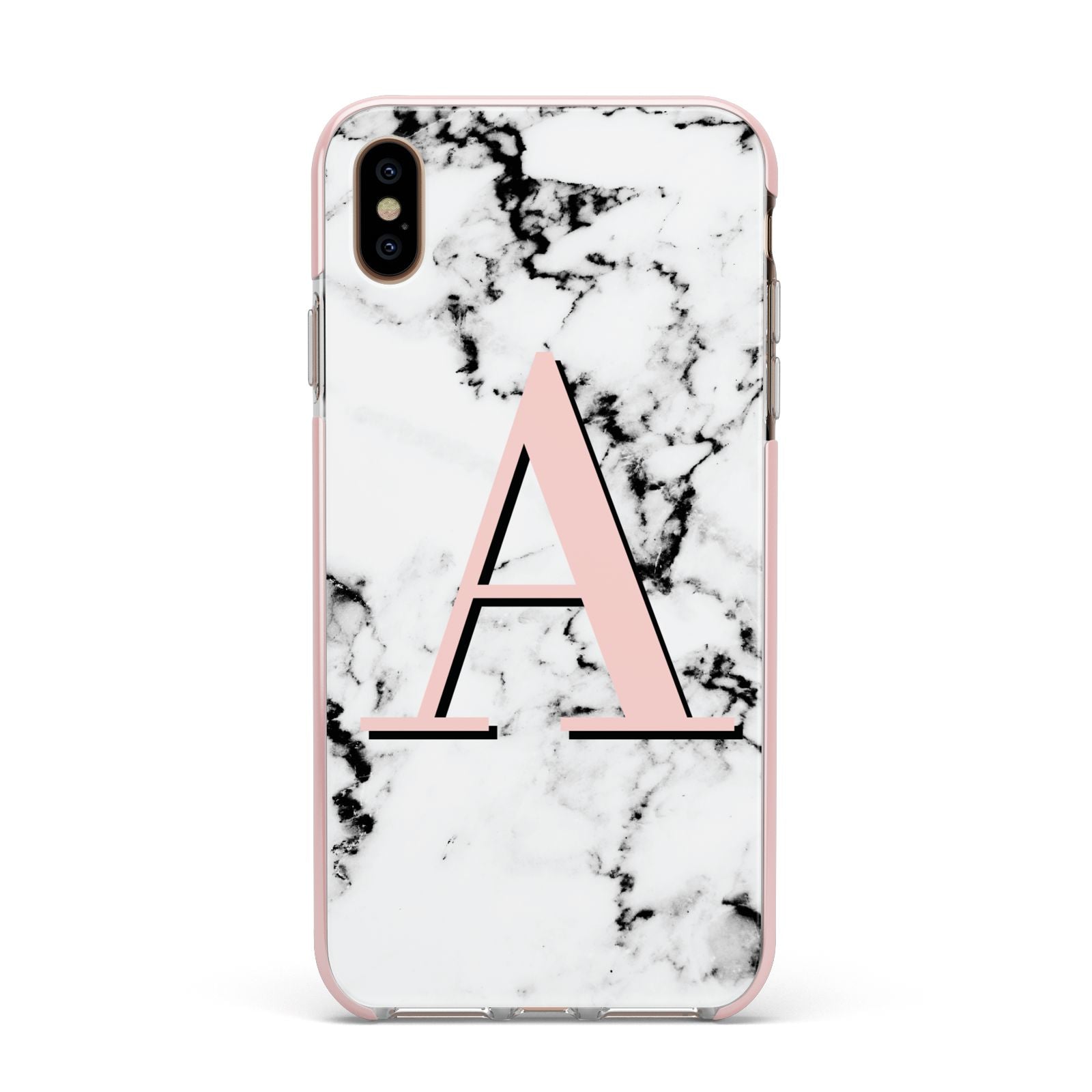 Personalised Block Coral Monogram Marble Apple iPhone Xs Max Impact Case Pink Edge on Gold Phone
