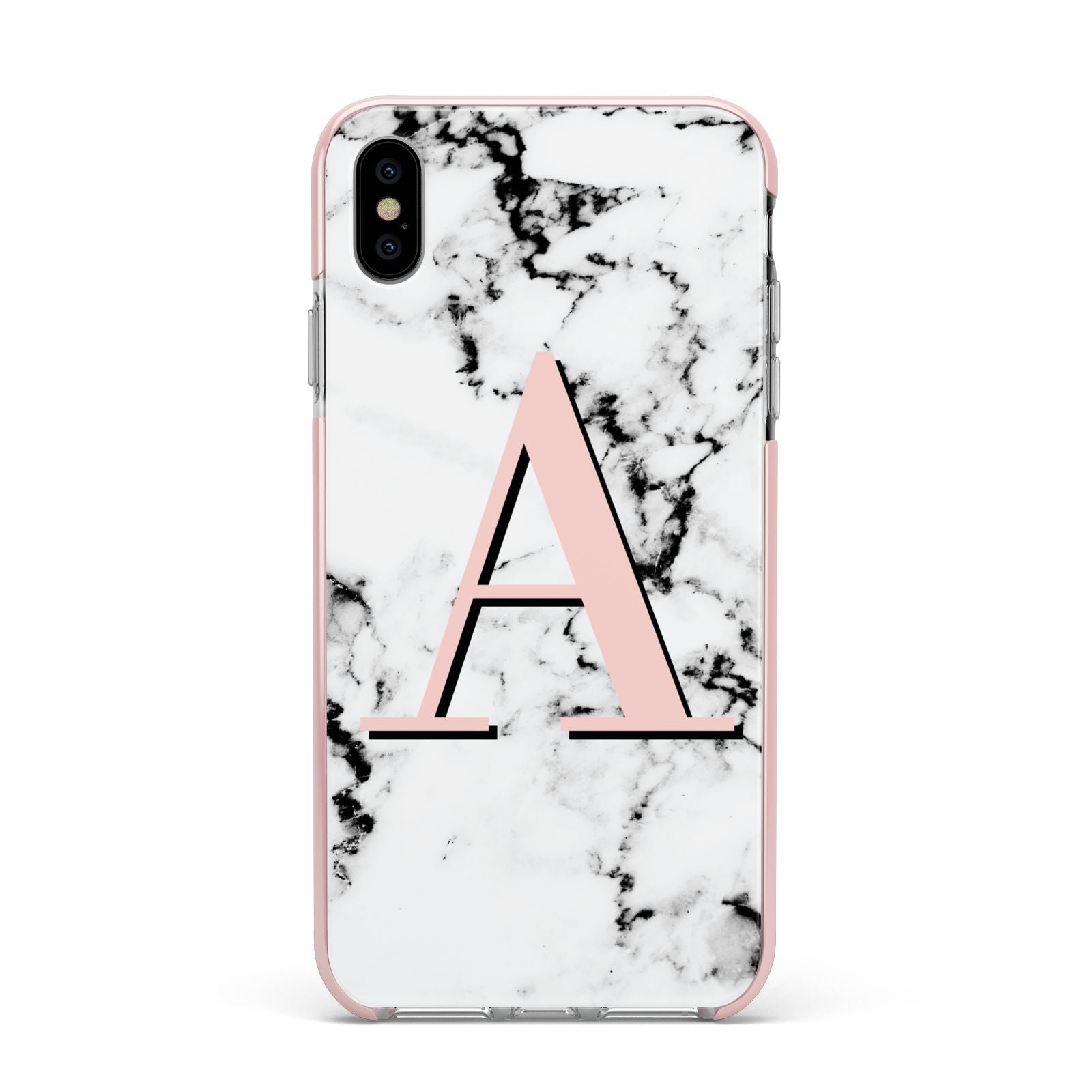 Personalised Block Coral Monogram Marble Apple iPhone Xs Max Impact Case Pink Edge on Silver Phone