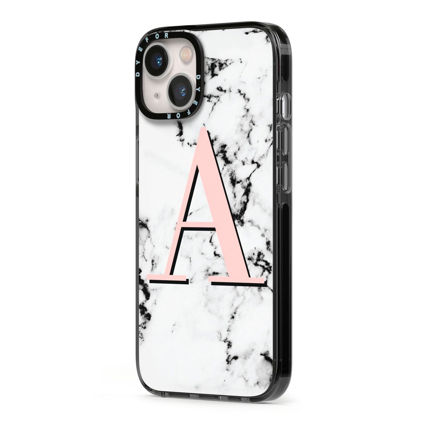 Personalised Block Coral Monogram Marble iPhone 13 Black Impact Case Side Angle on Silver phone