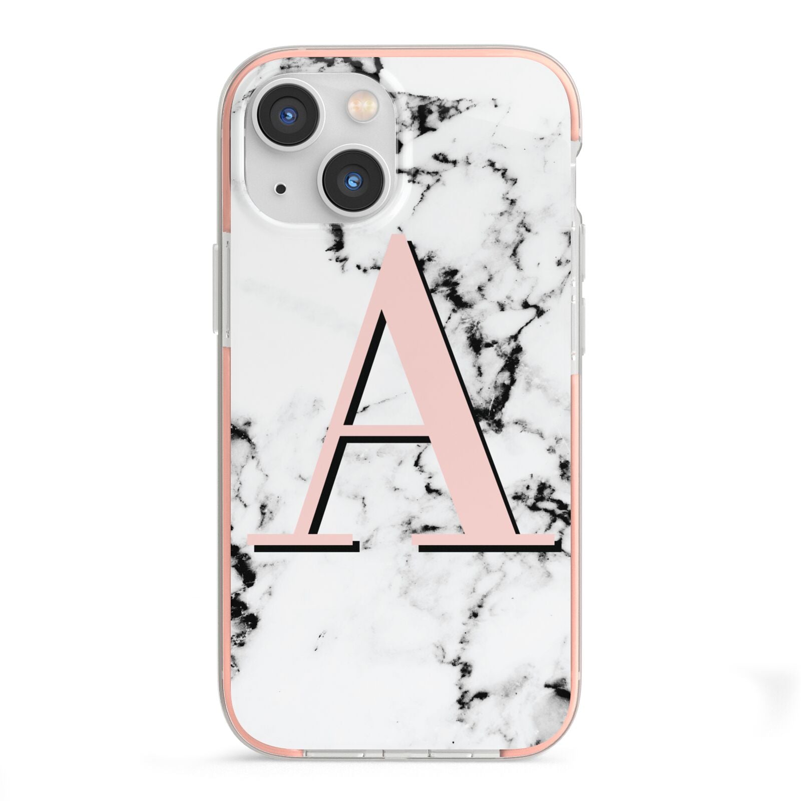 Personalised Block Coral Monogram Marble iPhone 13 Mini TPU Impact Case with Pink Edges