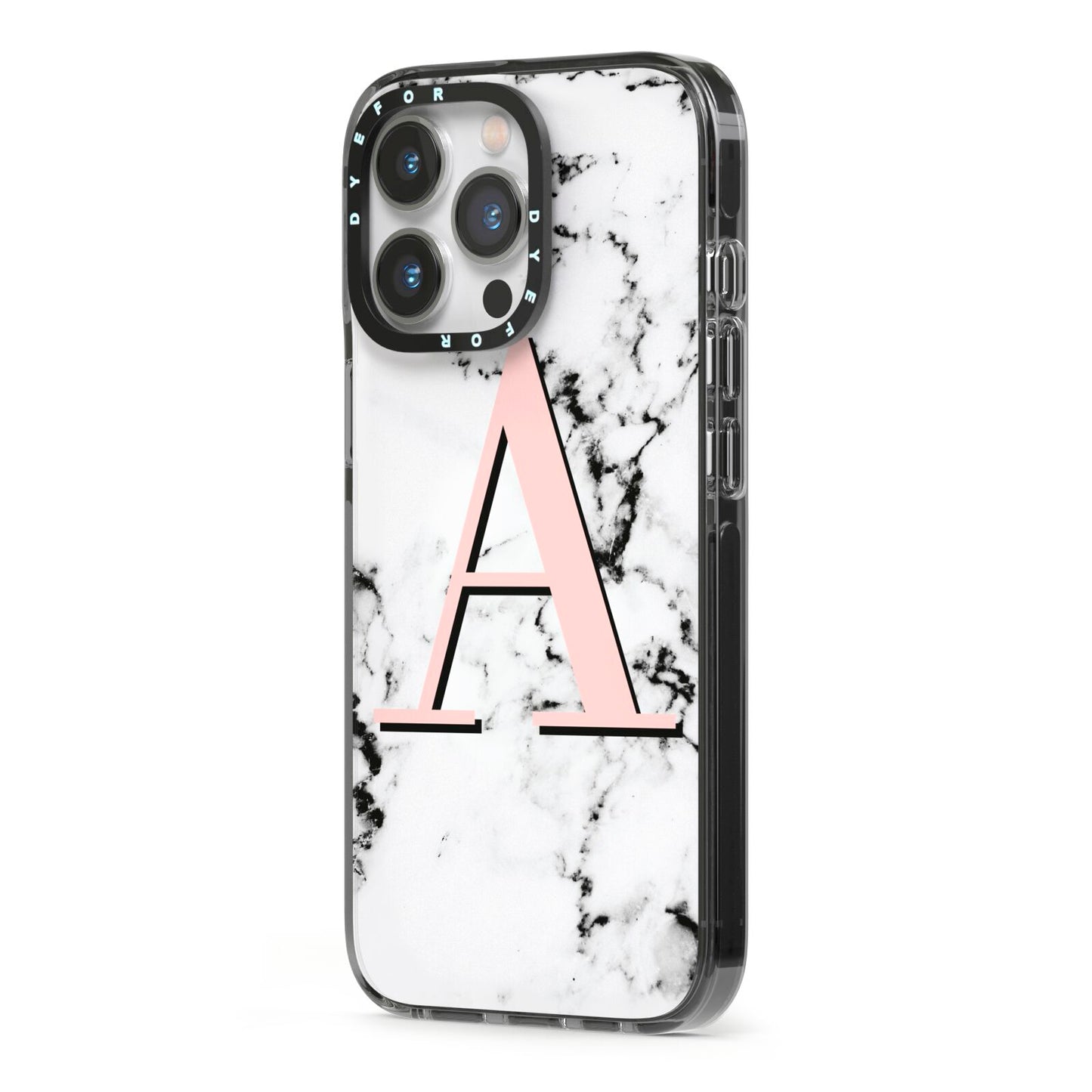 Personalised Block Coral Monogram Marble iPhone 13 Pro Black Impact Case Side Angle on Silver phone