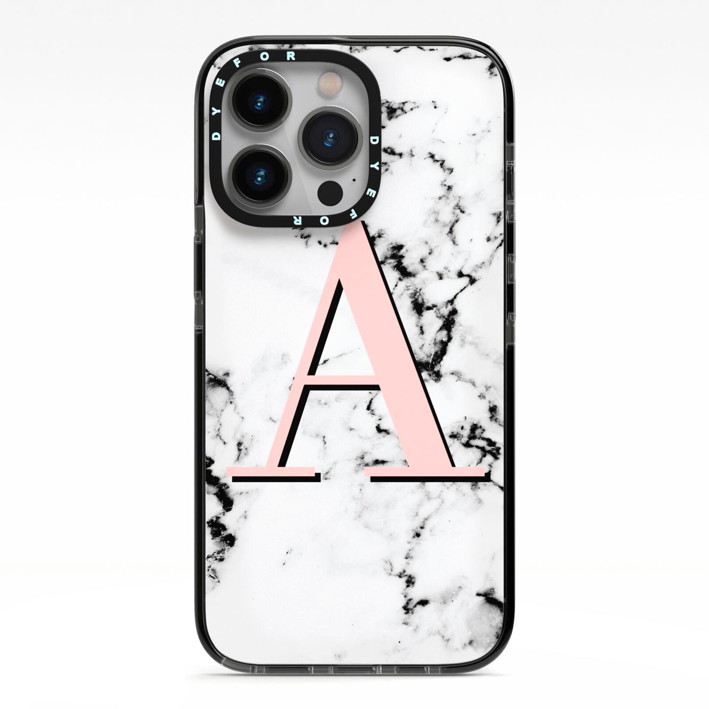 Personalised Block Coral Monogram Marble iPhone 13 Pro Black Impact Case on Silver phone