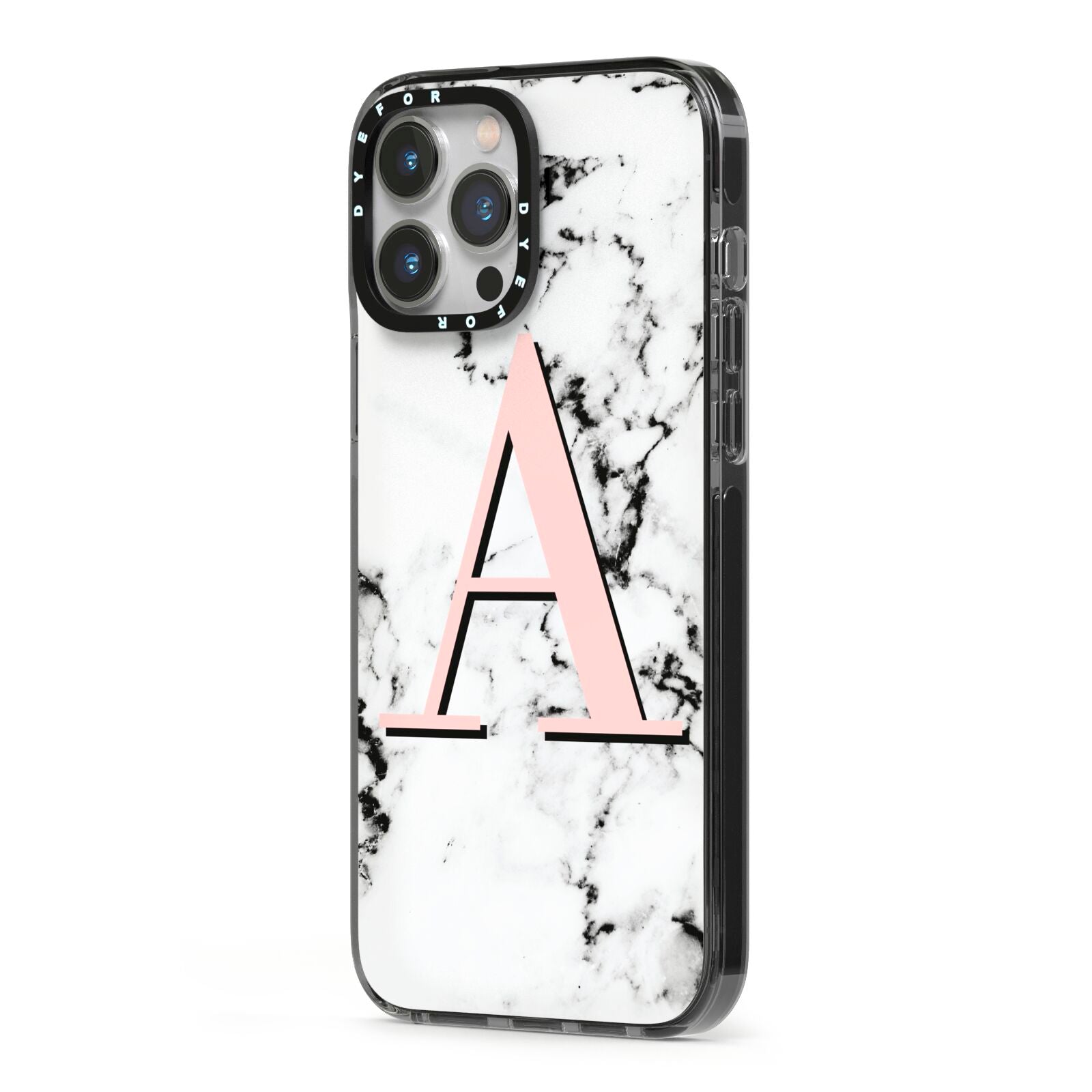 Personalised Block Coral Monogram Marble iPhone 13 Pro Max Black Impact Case Side Angle on Silver phone