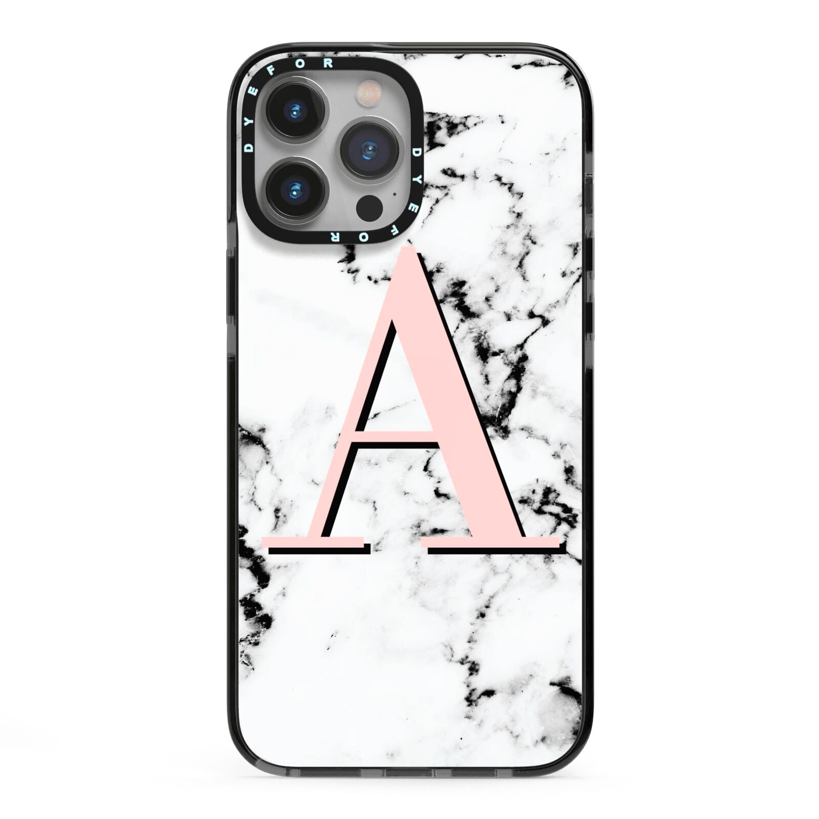 Personalised Block Coral Monogram Marble iPhone 13 Pro Max Black Impact Case on Silver phone