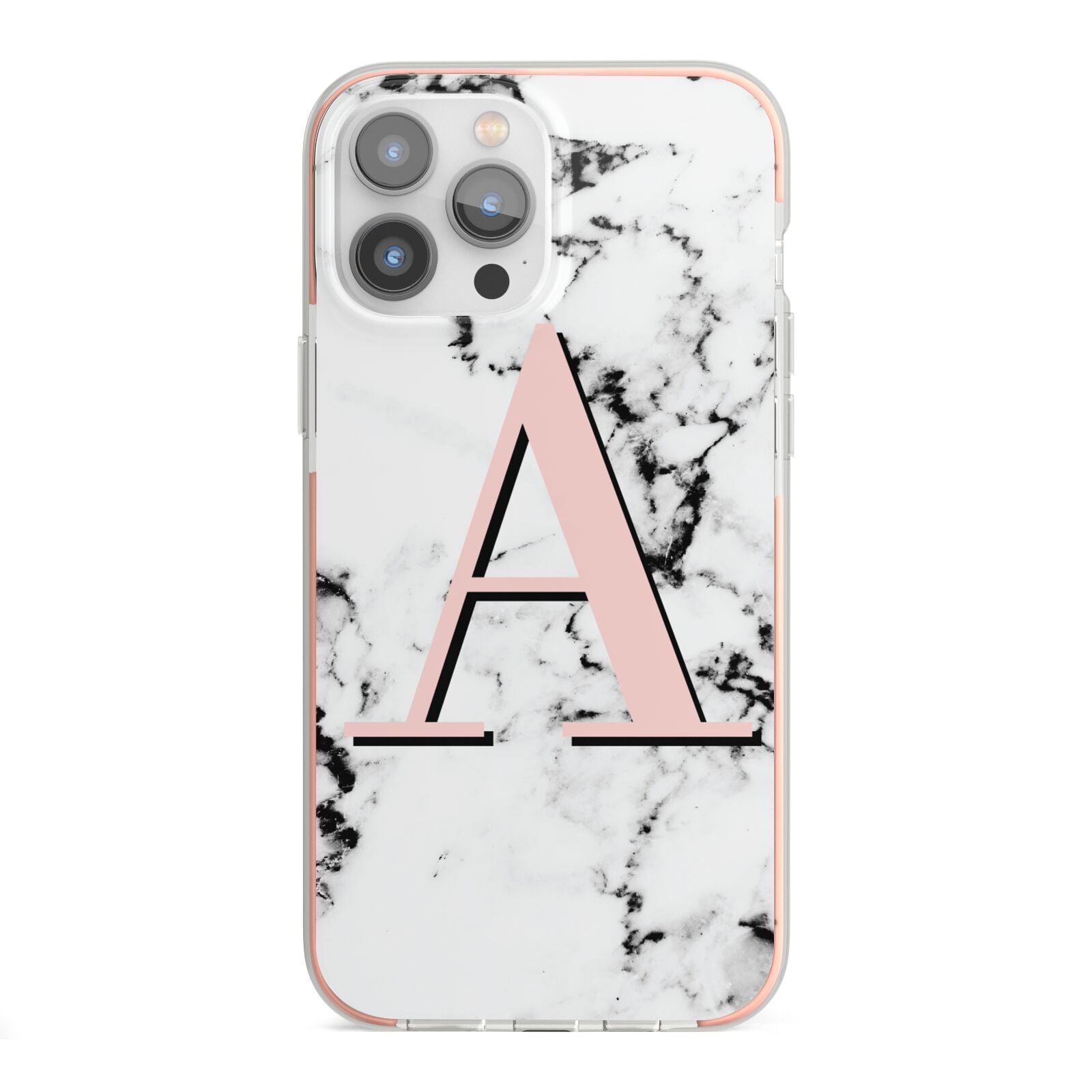 Personalised Block Coral Monogram Marble iPhone 13 Pro Max TPU Impact Case with Pink Edges