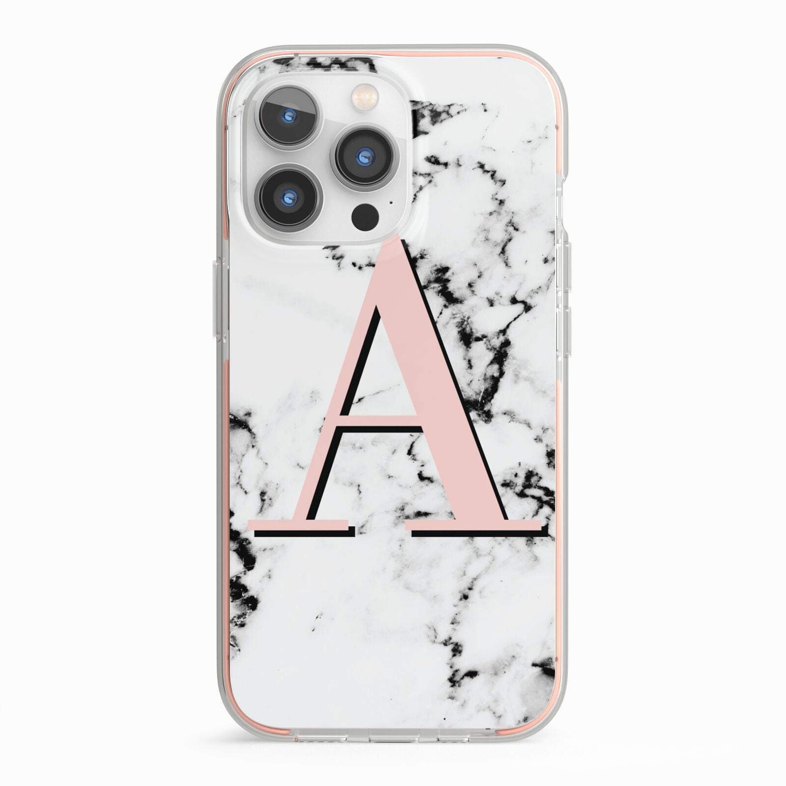 Personalised Block Coral Monogram Marble iPhone 13 Pro TPU Impact Case with Pink Edges